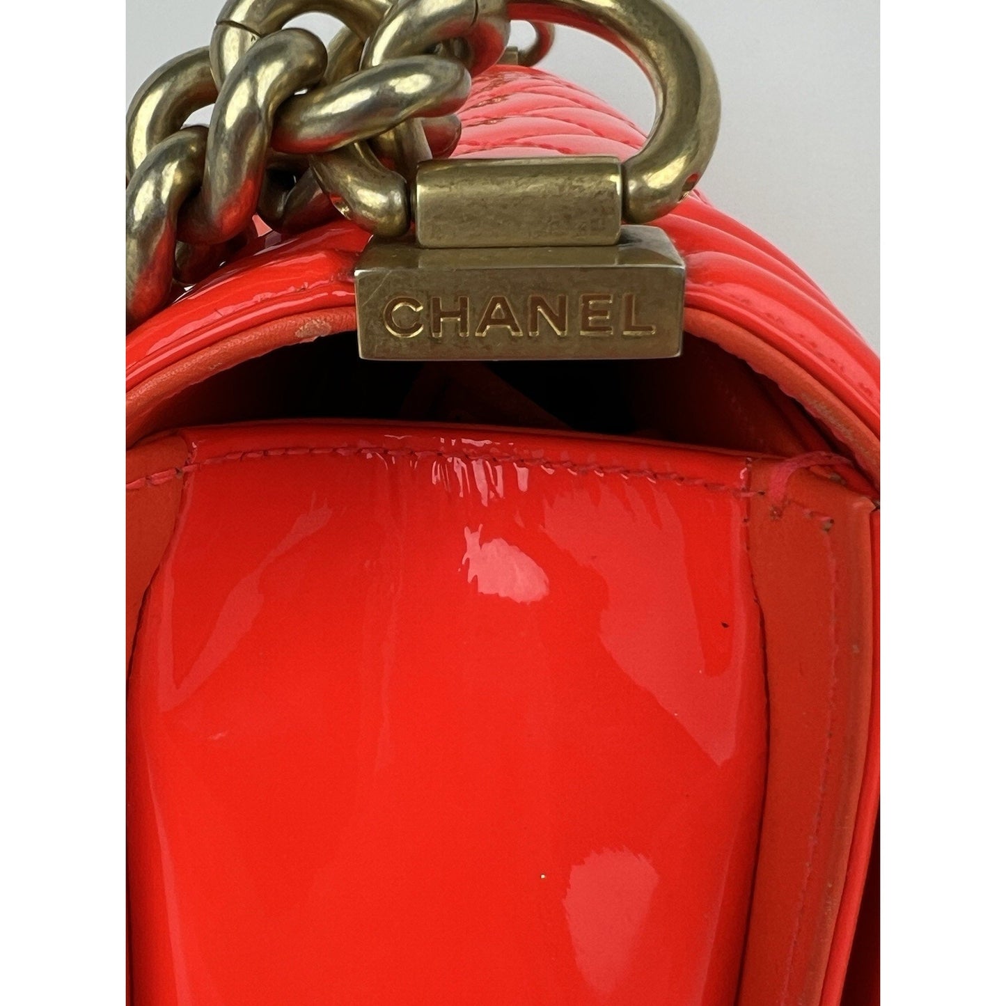 CHANEL Patent Quilted Medium Boy Flap Orange Shoulder Bag (2015-2016)