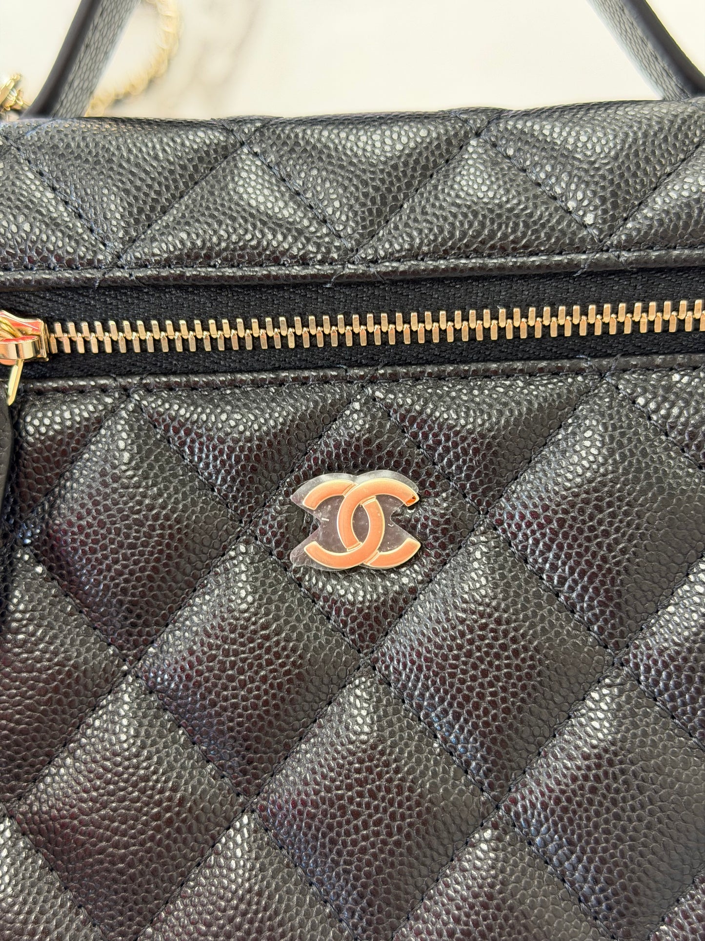 Chanel Caviar Quilted Top Handle Slim Vanity Case with Chain
