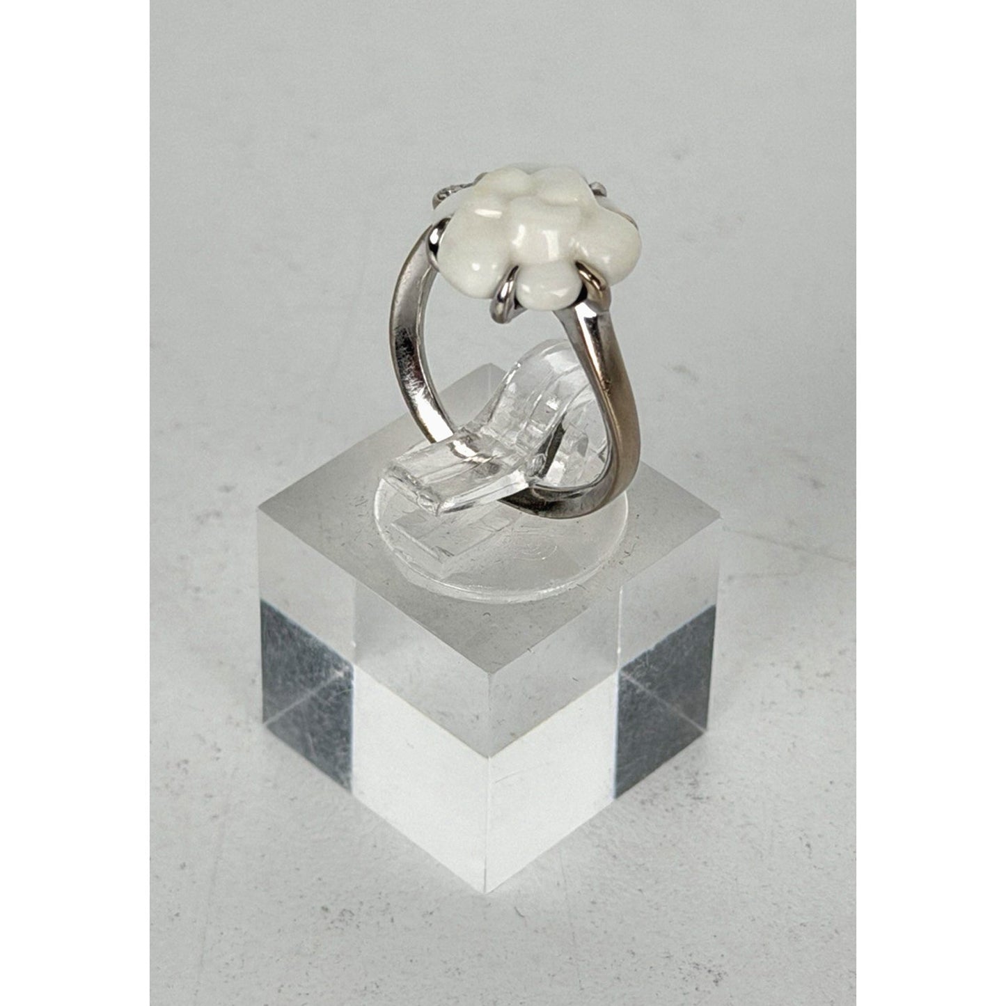 Chanel Camellia Agate Diamond Ring Size 5 in 18k White Gold
