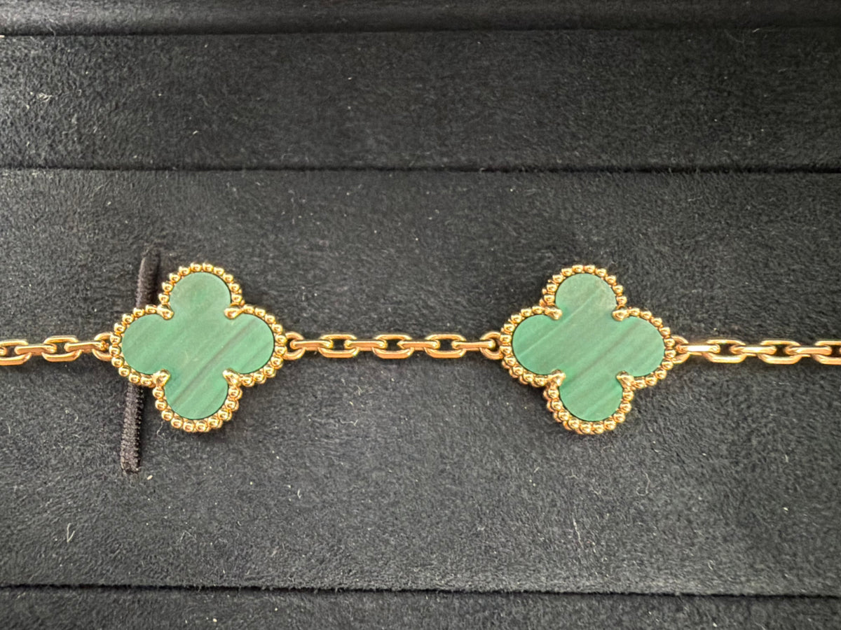Van Cleef & Arpels Vintage Alhambra Bracelet 5 Motifs in 18K Yellow Gold Green Malachite Clover Motifs