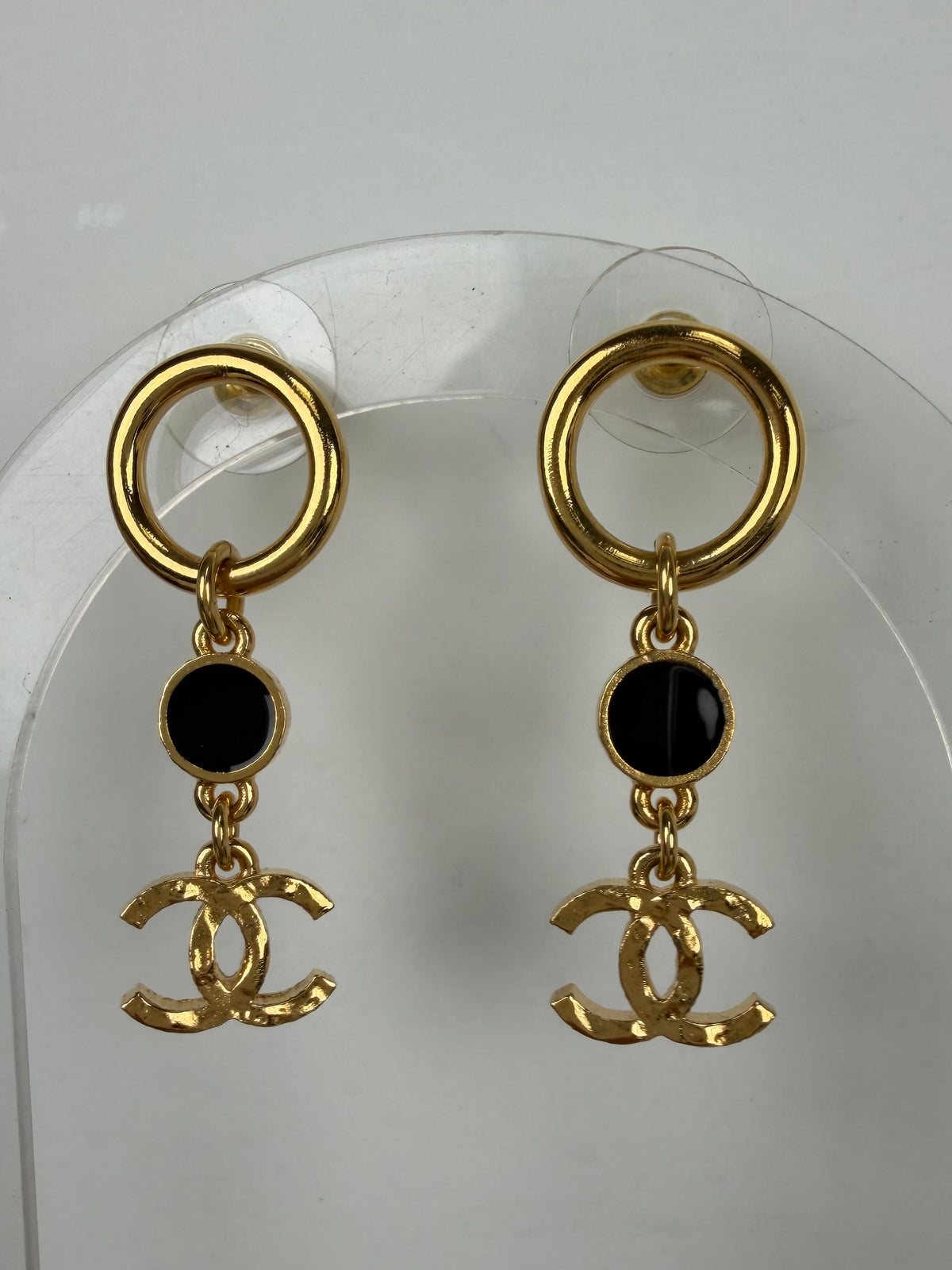 Chanel Metal Resin Disc CC Long Drop Earrings in Gold and Black K1