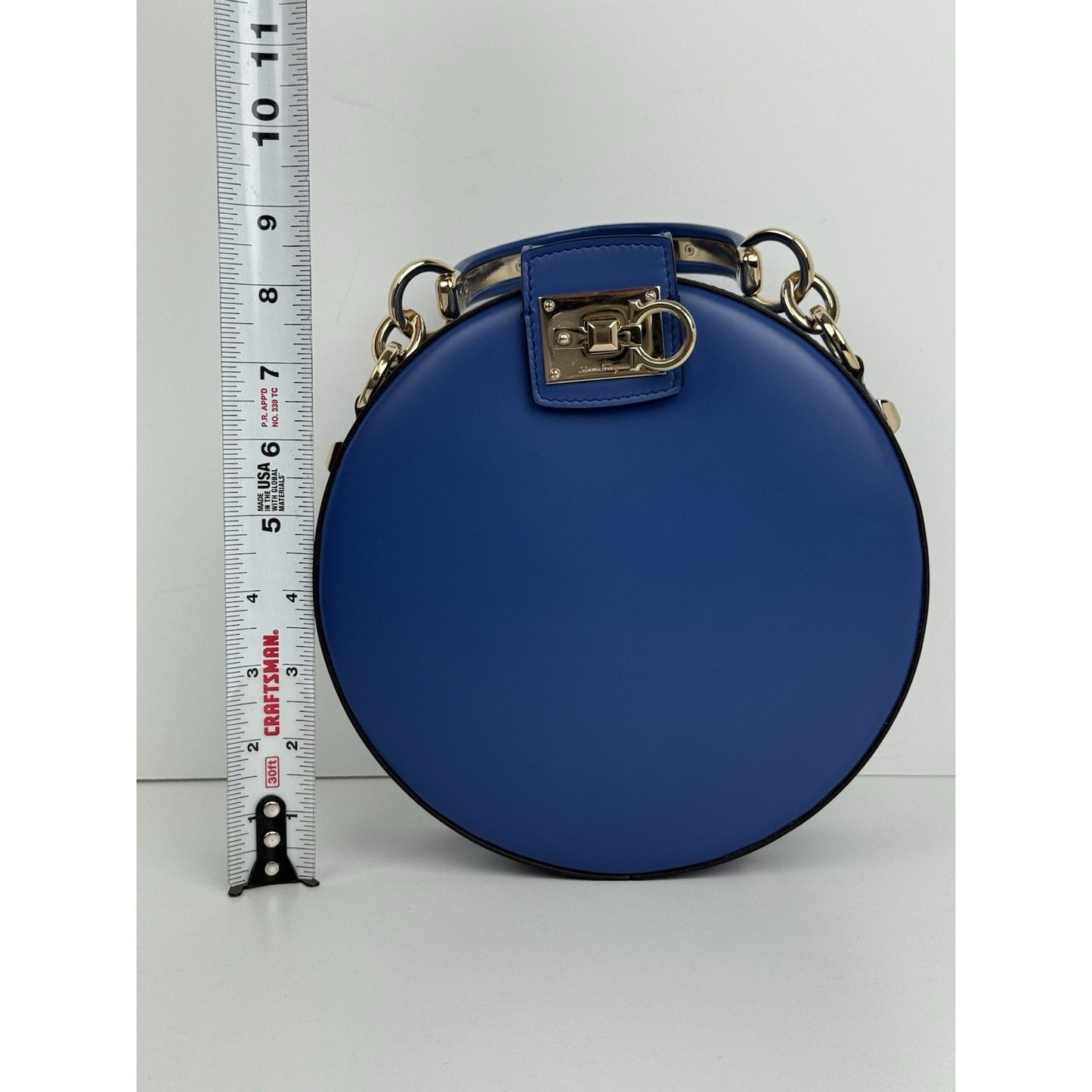 Salvatore Ferragamo Studio Round Bag Blue Leather with Gold Hardware