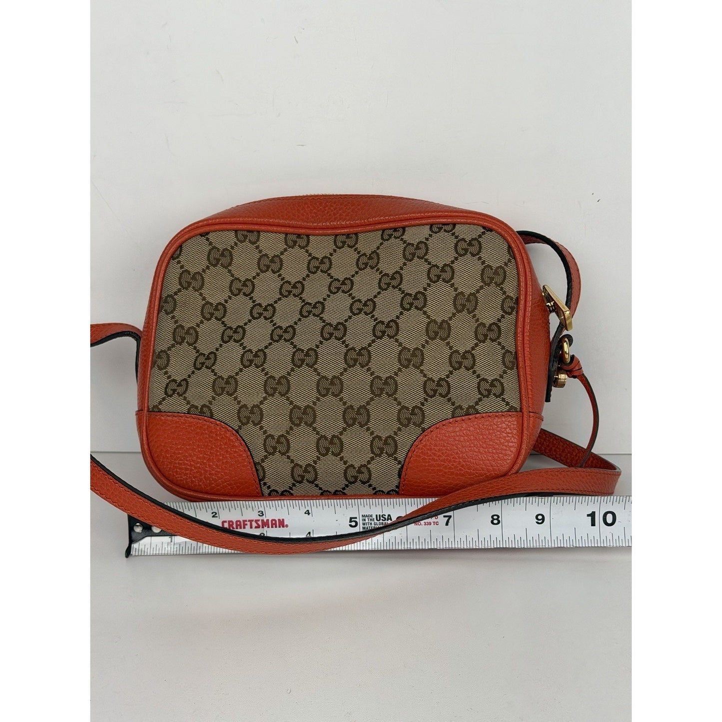 Gucci Bree Camera Bag Beige&Ebony GG Monogram Canvas & Orange leather Trim S11