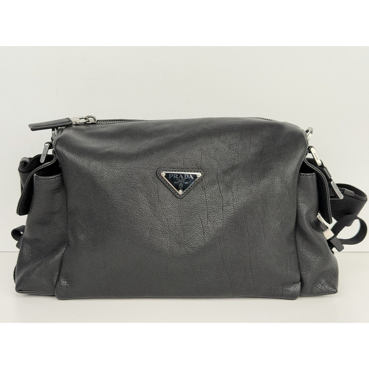 Prada Explore Leather Zip Messenger Bag in Black for Man Silver-Tone Hardware E4