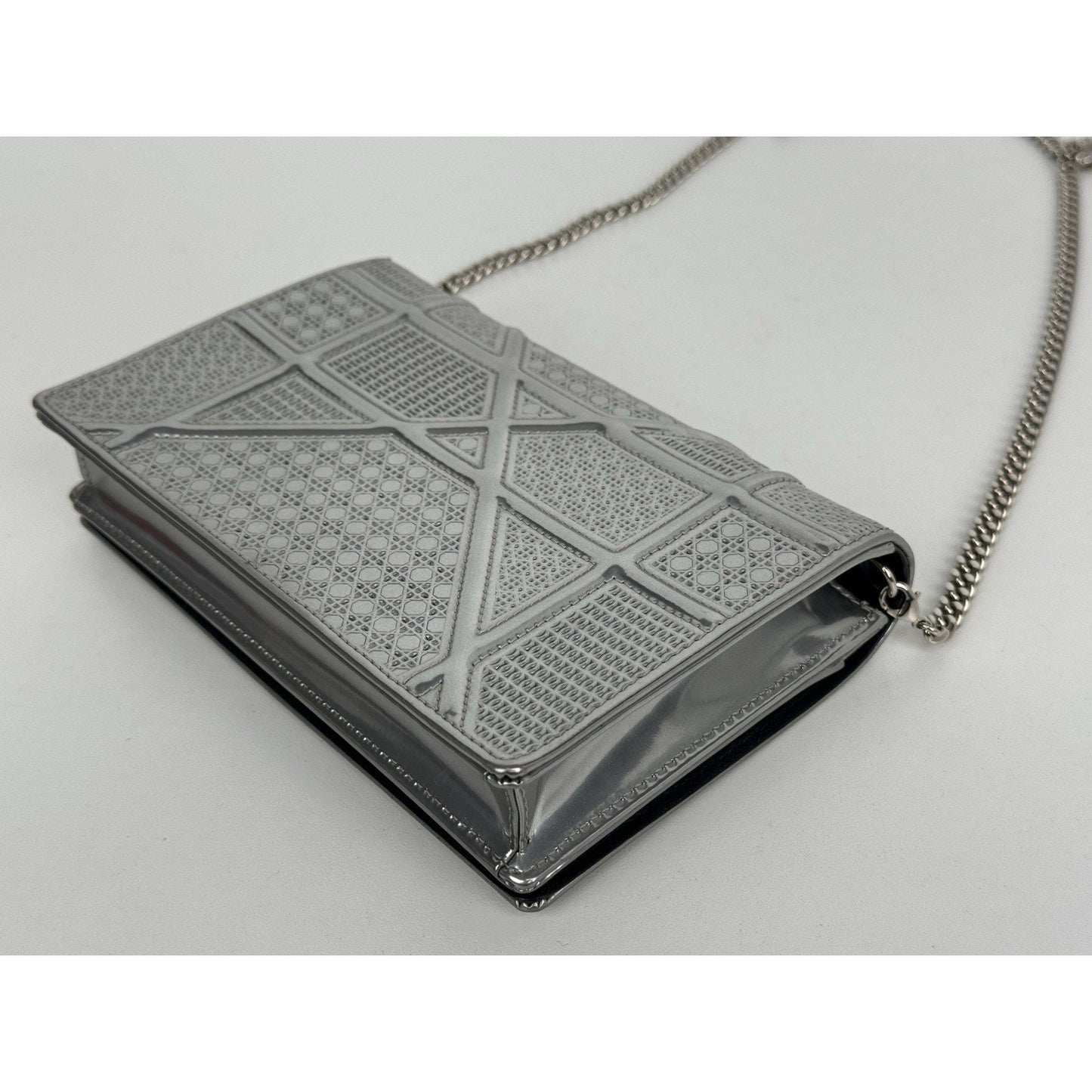 Dior Micro-Cannage Diorama Wallet on Chain Pouch Metallic Silver Patent Leather