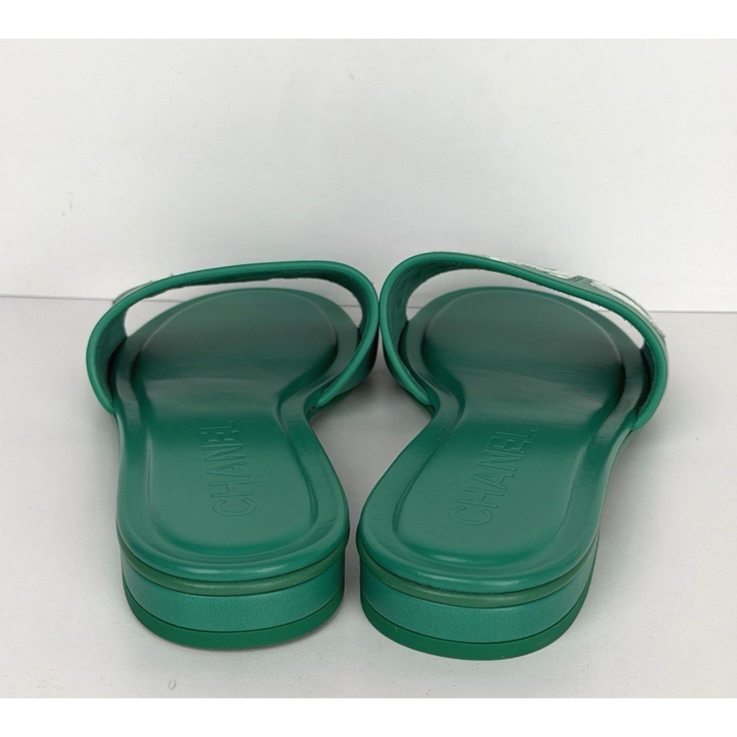 Chanel Mules in Emerald Green Leather with Logo Lettering 36 EU (5.5-6 US)