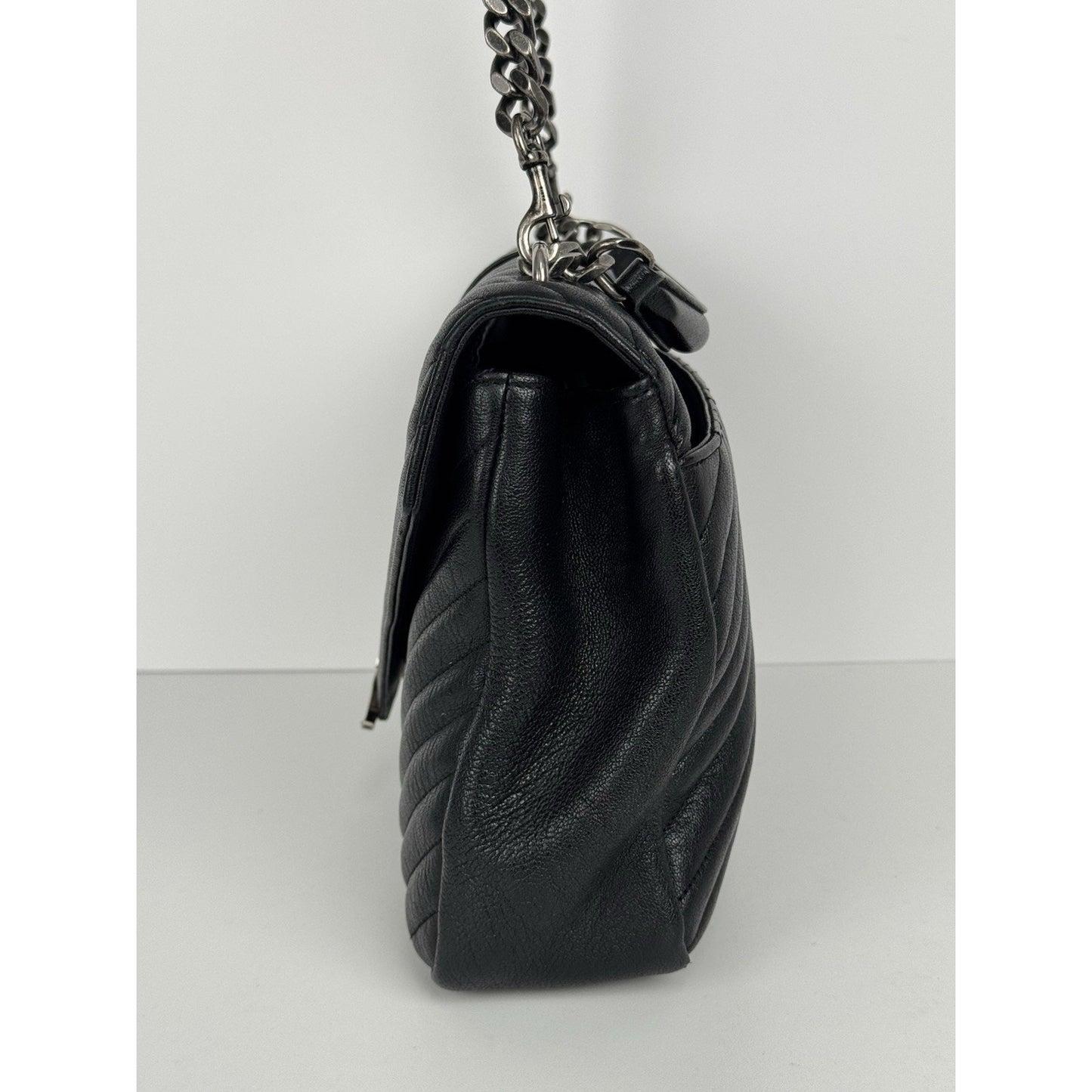 Saint Laurent Large College Satchel Black Chevron Leather Silver Hardware C5