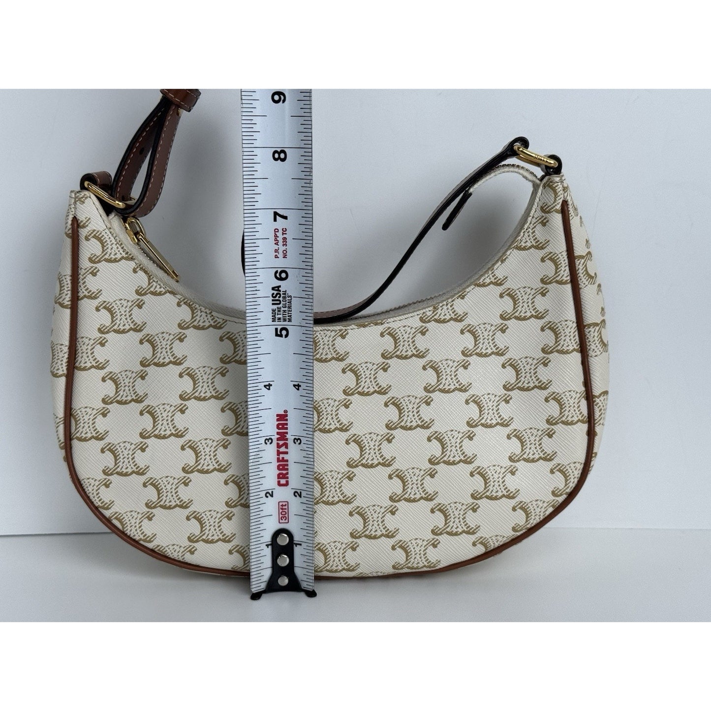 CELINE Canvas Calfskin Ava Triomphe Shoulder Bag White C-1