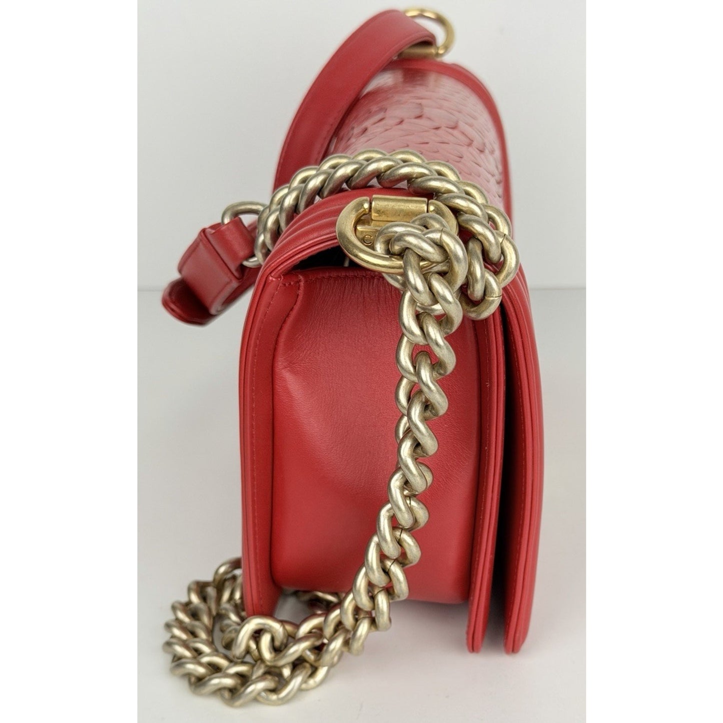 LAYAWAY: CHANEL Python Boy Bag Medium Red Leather Brushed Gold Hardware 2014 B4