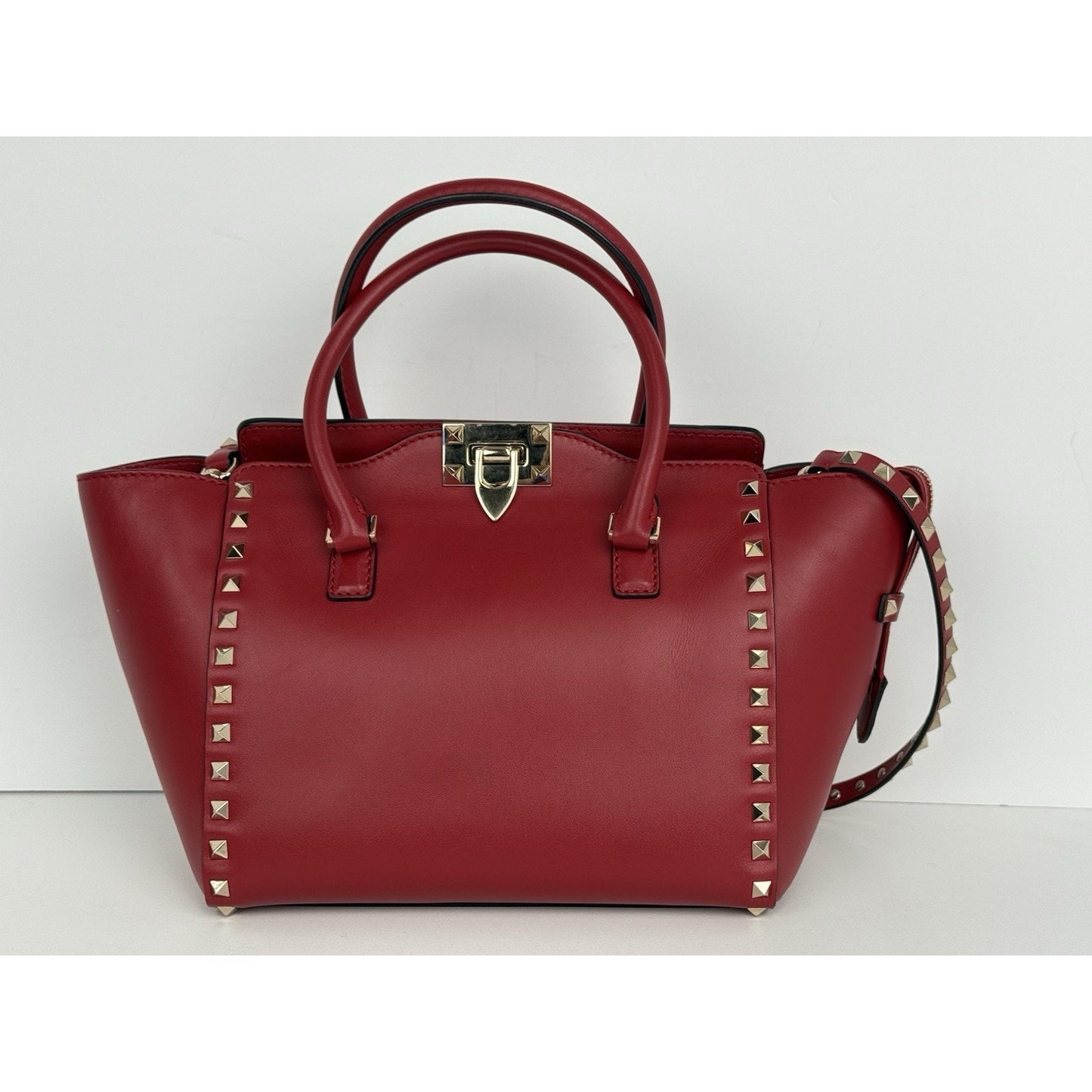 Valentino Garavani Calfskin Rockstud Shoulder Handbag Tote Red