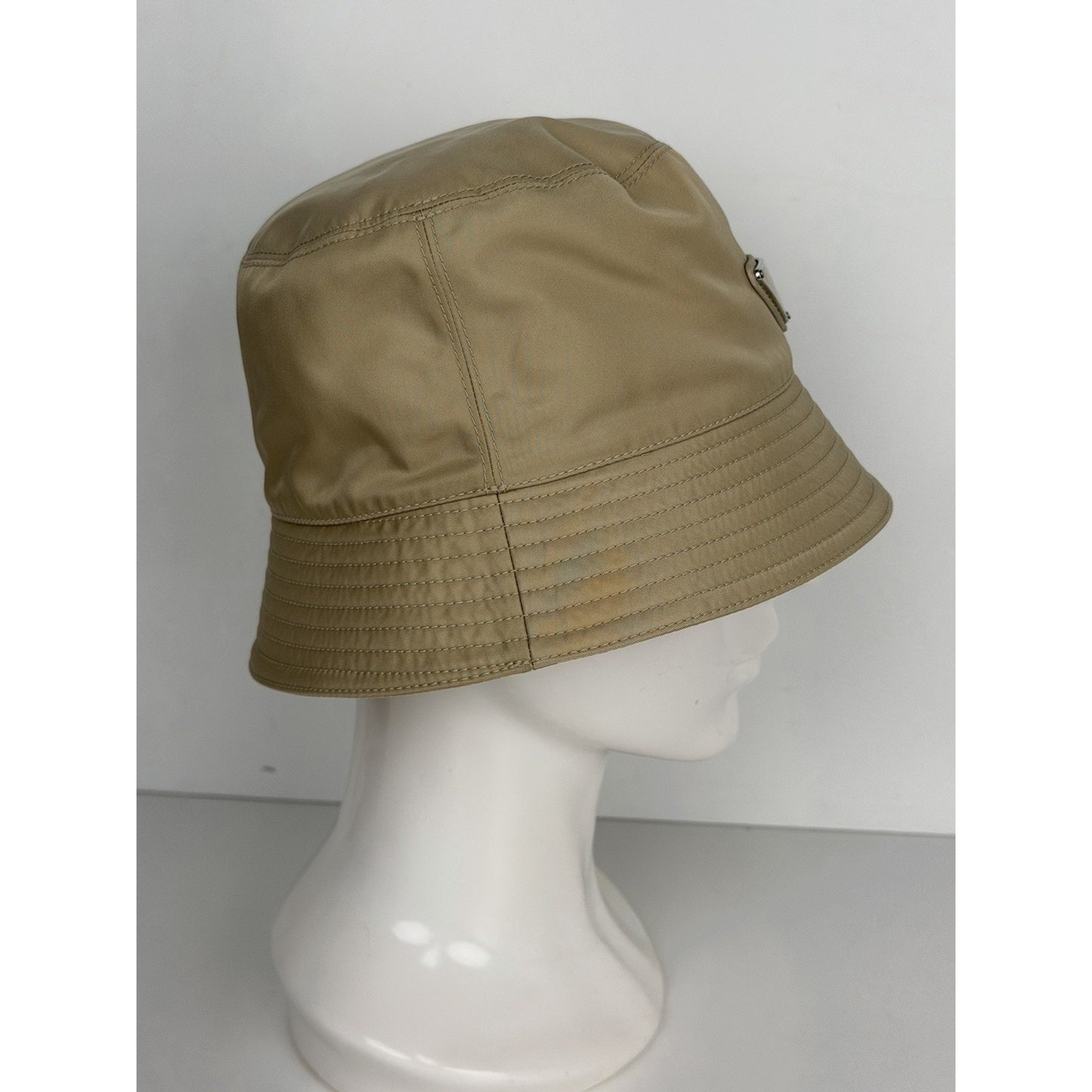 Prada Re-Nylon Bucket Hat Desert Beige & Metal Triangle Logo K3