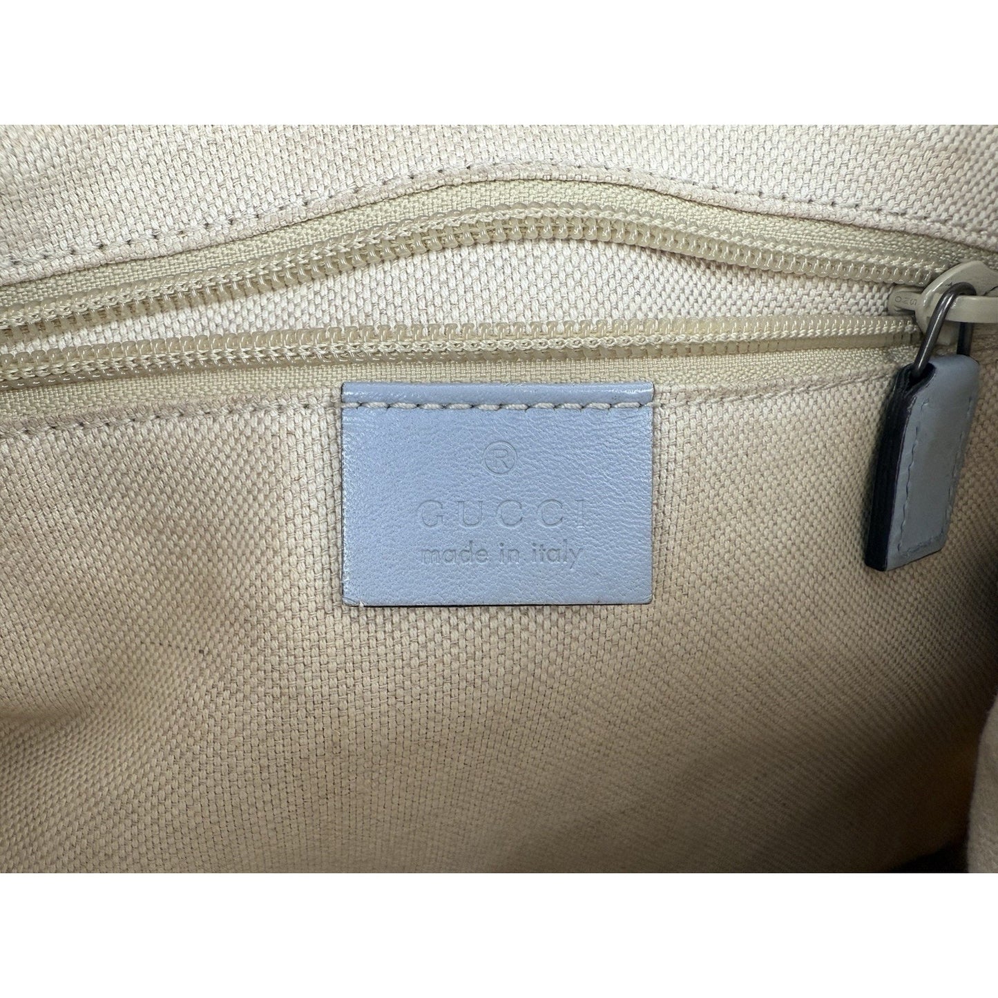 Gucci Flora Knight Zippered Tote Bag Dusty Blue Canvas with Leather Trim