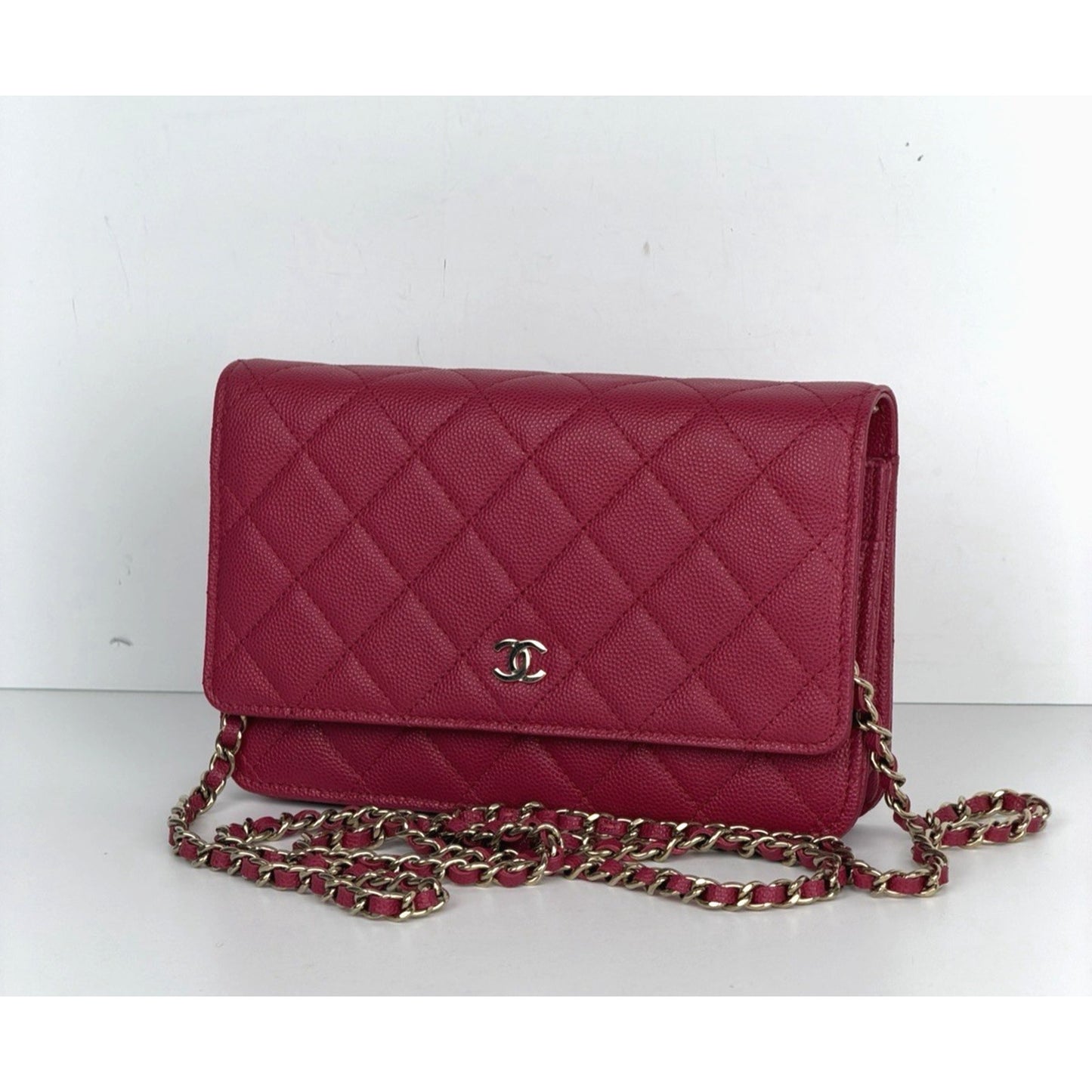 Chanel Classic Flap Wallet on Chain in Dark Pink Quilted Caviar Leather NFC U3