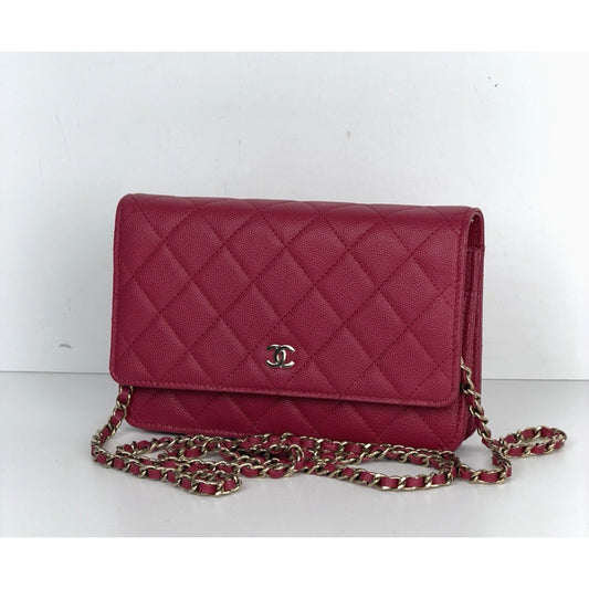 Chanel Classic Flap Wallet on Chain in Dark Pink Quilted Caviar Leather NFC U3