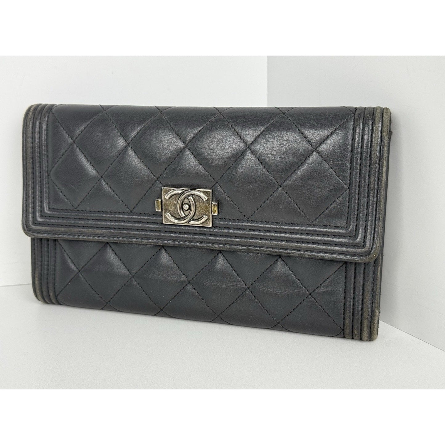 Chanel Long Flap Boy Wallet in Gray Leather
