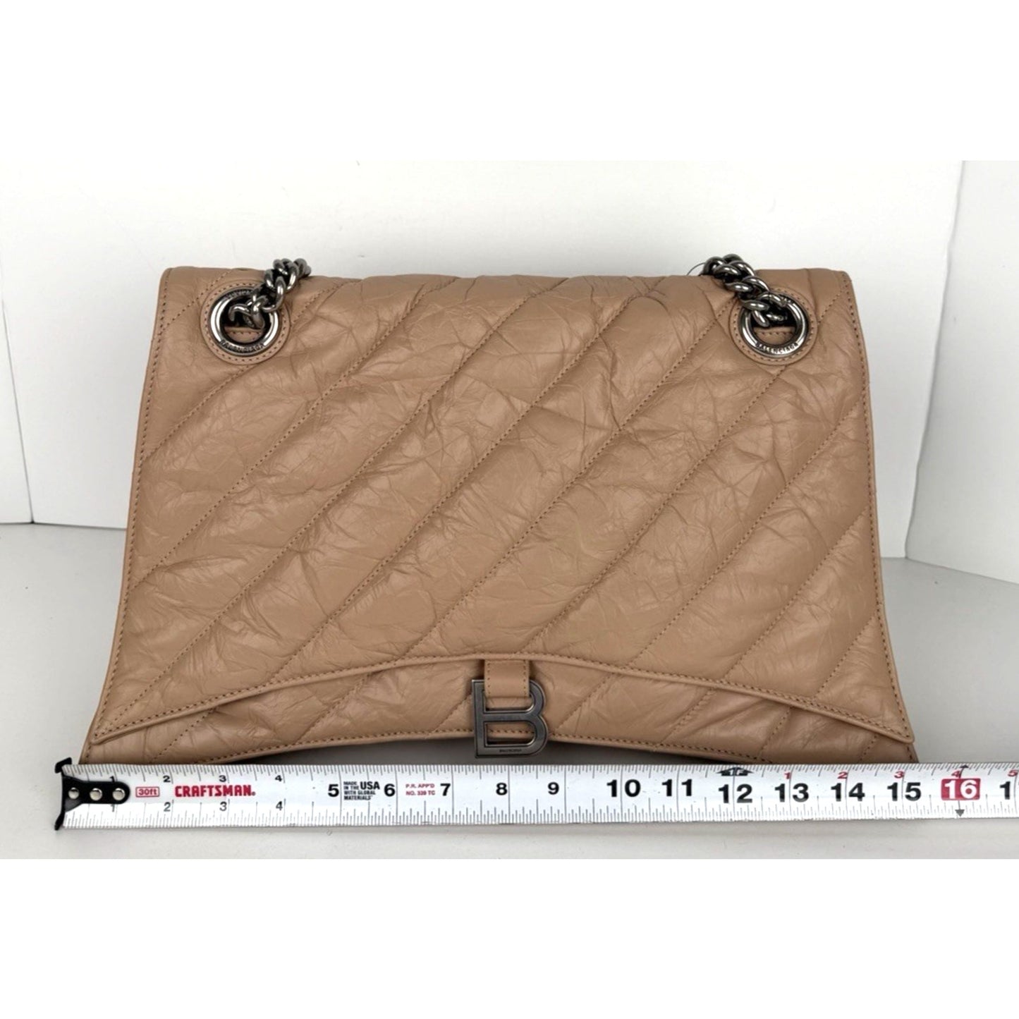 Balenciaga Large Crush Quilted Leather Chain Shoulder Bag Light Beige E7