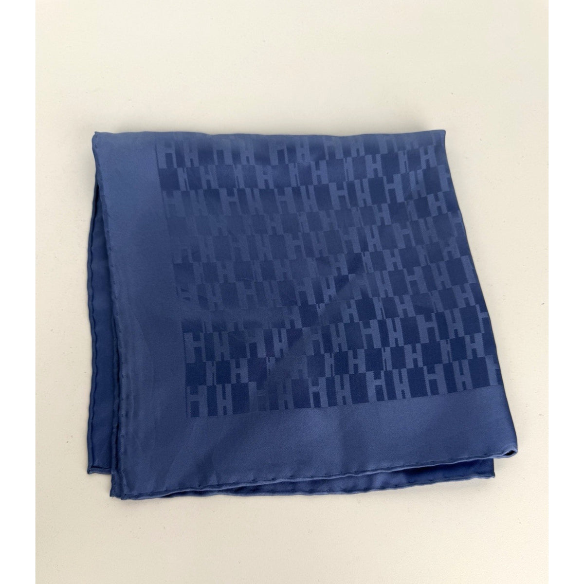 Hermes H Blue Monogram Pattern Petit Carre Pocket Square Silk Scarf 16in