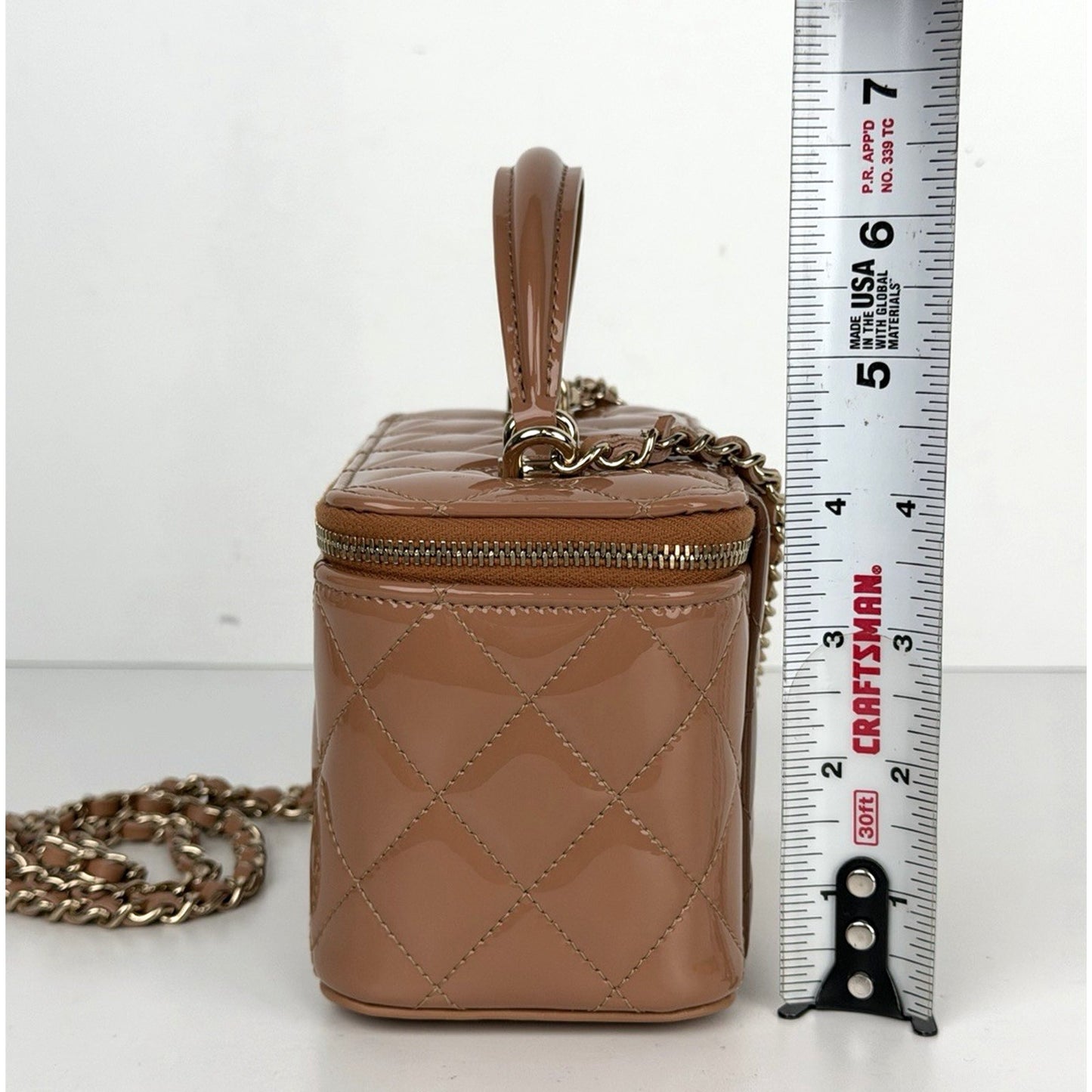 Chanel Vanity Case Small Top Handle Bag in Glossy Beige With Chain NFC B1