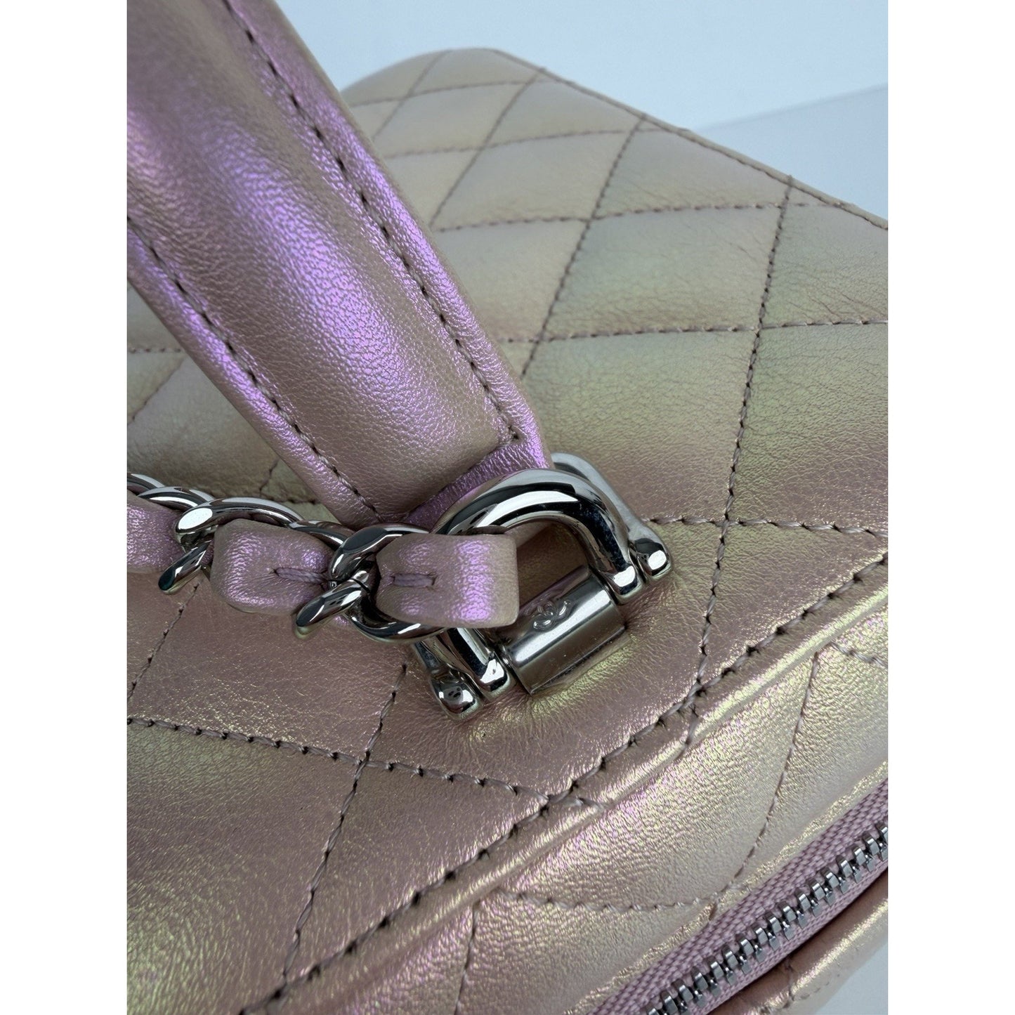 Chanel Small Top Handle Vanity Case Bag Iridescent Pink Quilted Leather NFC B