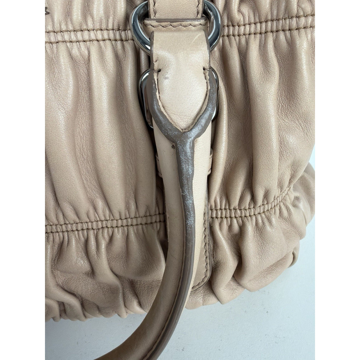 Prada Nappa Gaufre Satchel Shoulder Bag in Beige Leather Silver-Tone Hardware S7