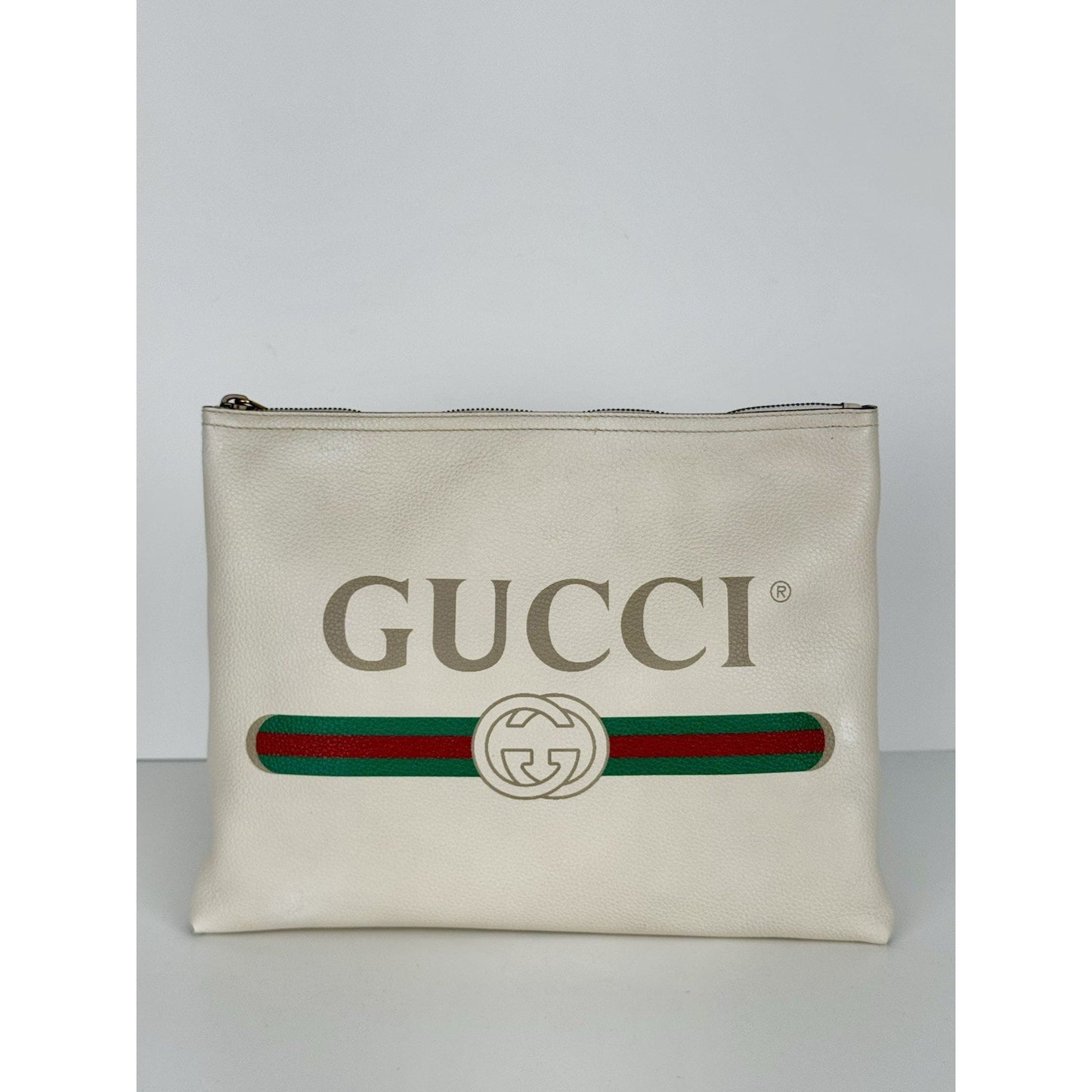 Gucci White Leather Logo Print Zip Pouch with Gold Hardware D-1