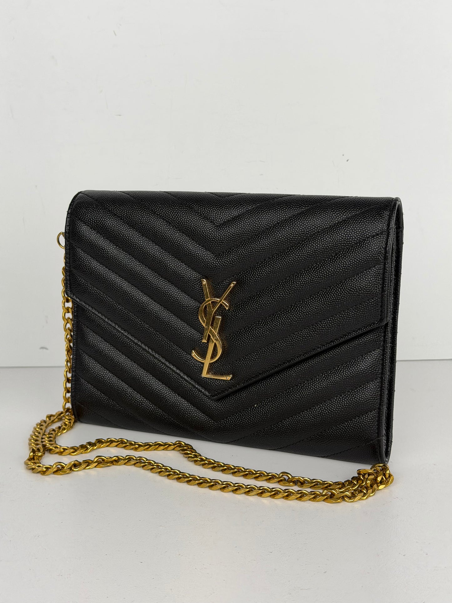 Saint Laurent Cassandre Envelope Wrist Bag in Black Quilted Grain De Poudre Leather YS-04