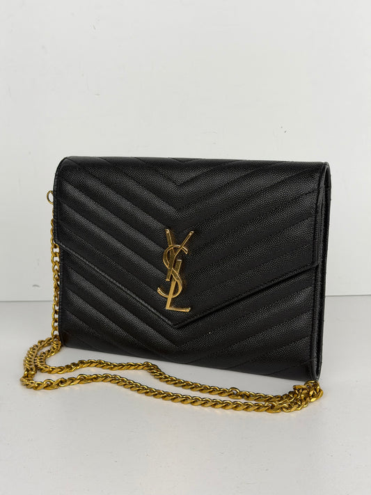 Saint Laurent Cassandre Envelope Wrist Bag in Black Quilted Grain De Poudre Leather YS-04
