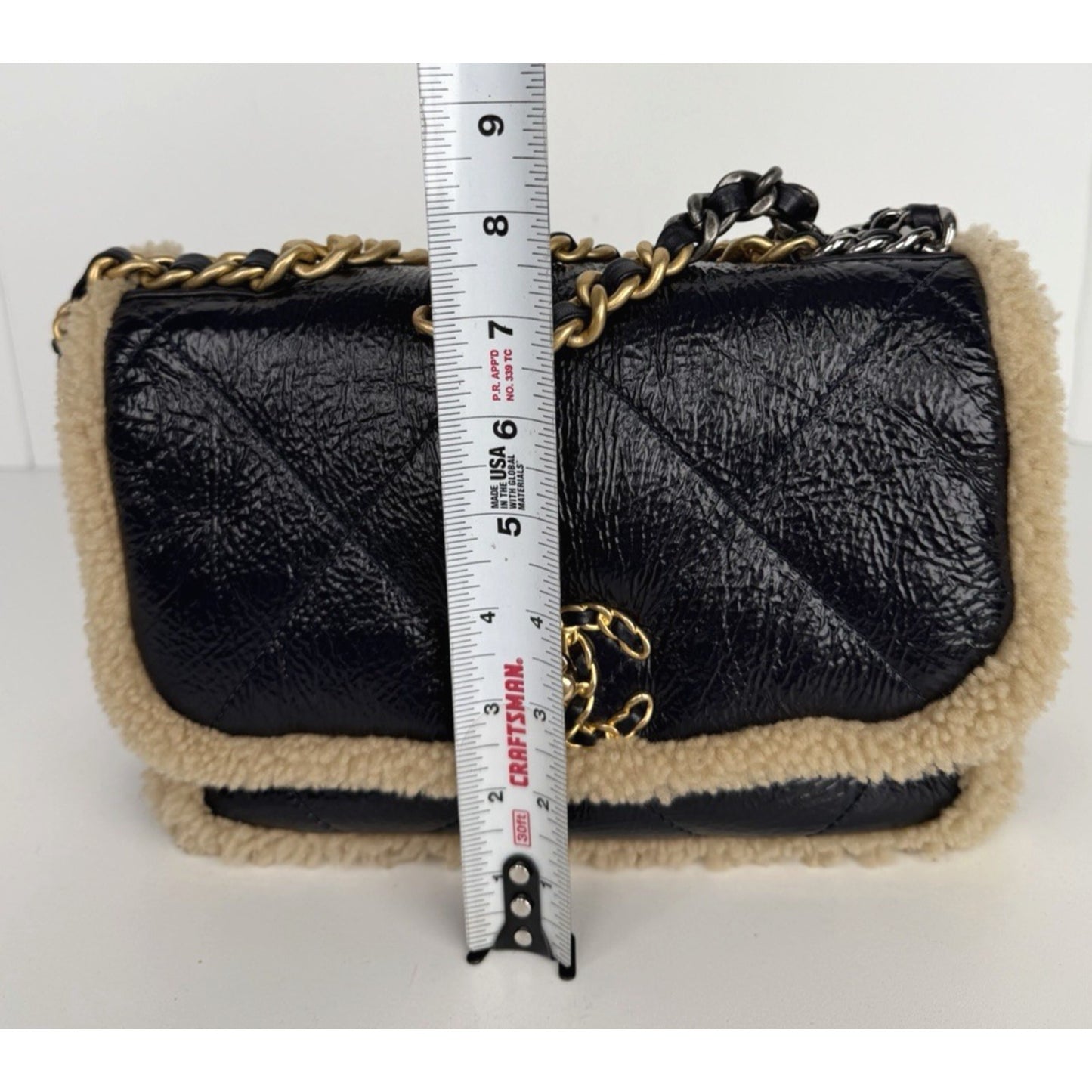 Chanel 19 Flap Bag Medium in Black Shiny Crumpled Calfskin and Shearling NFC