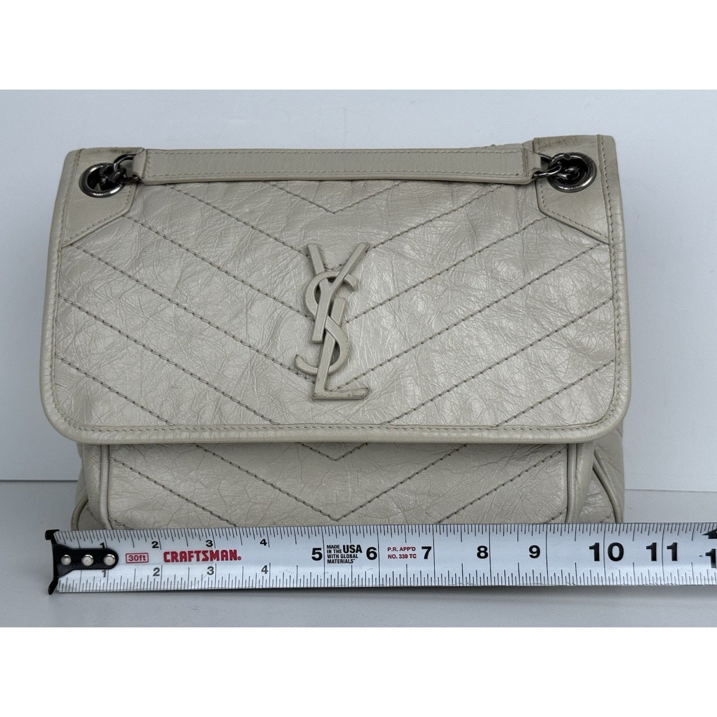 Saint Laurent Niki Medium Chain Satchel Crinkled Calfskin Matelassé Crema Soft