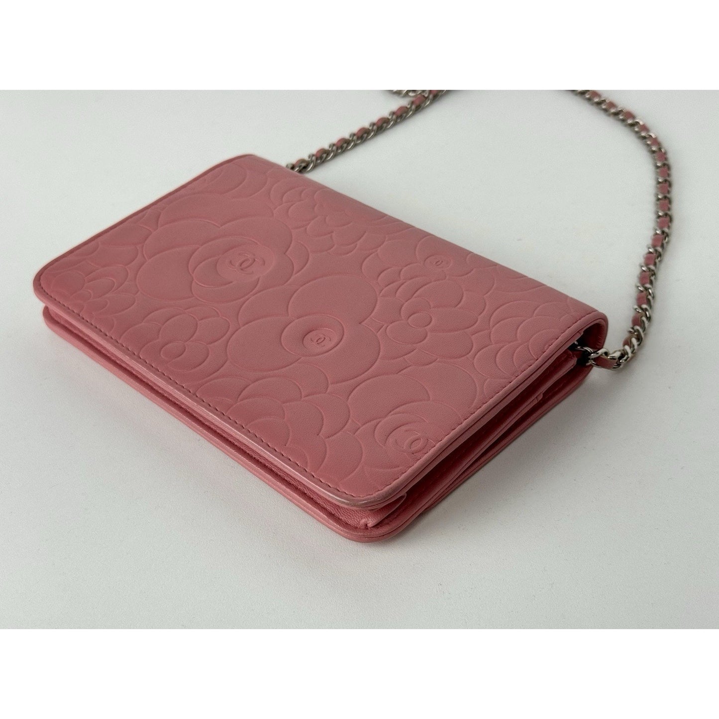 Chanel Camellia Wallet on Chain Pink Embossed Lambskin Silver Hardware B-9