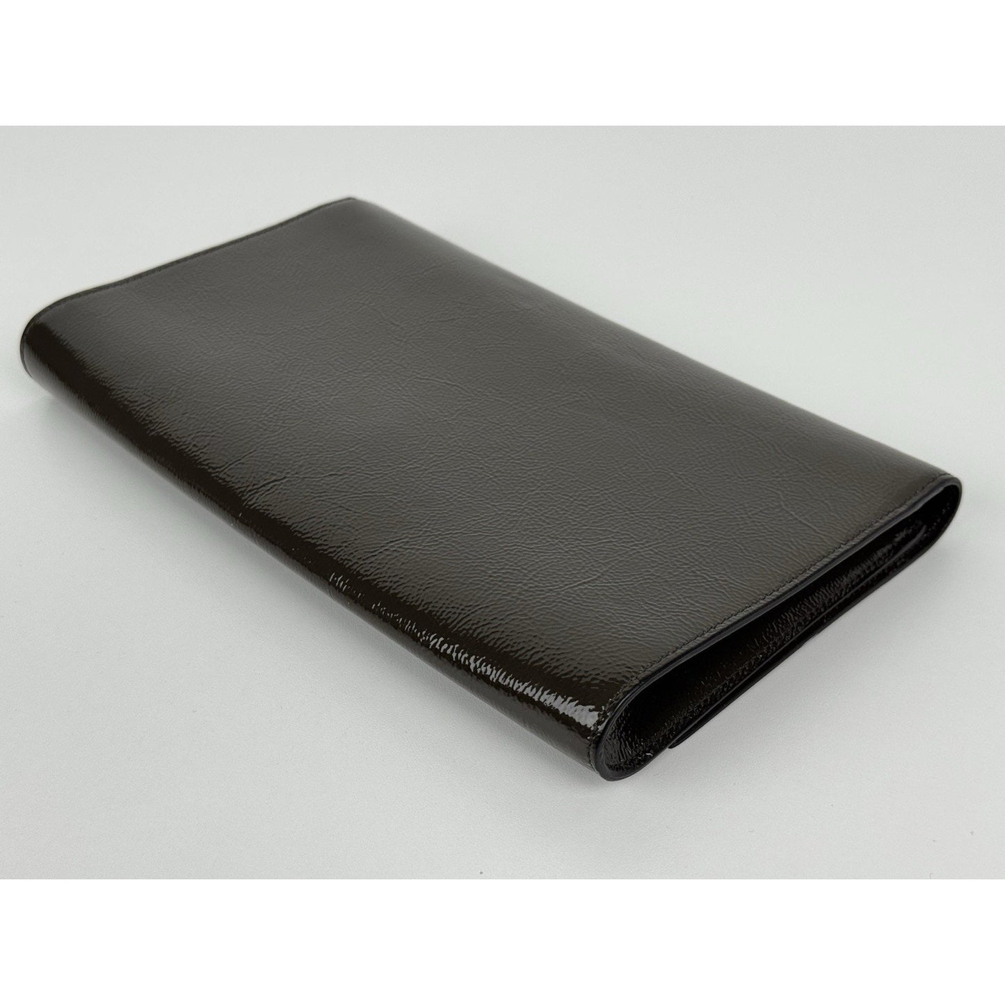 Saint Laurent Belle De Jour Patent Leather Flap Clutch Khaki w Gold Hardware C-6