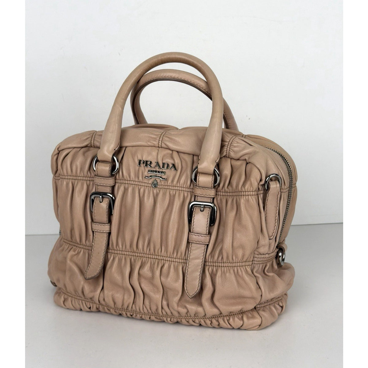 Prada Nappa Gaufre Satchel Shoulder Bag in Beige Leather Silver-Tone Hardware S7