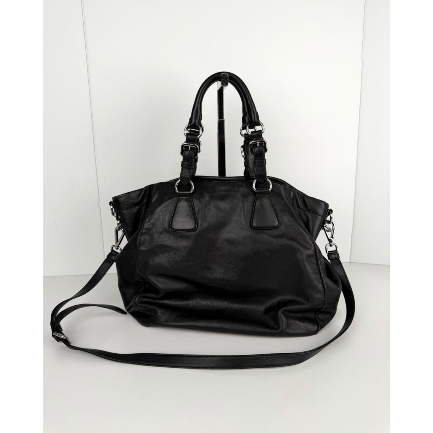 Prada Buckle L Bowler Two-Way Shoulder Bag in Black Soft Calfskin Leather S-07