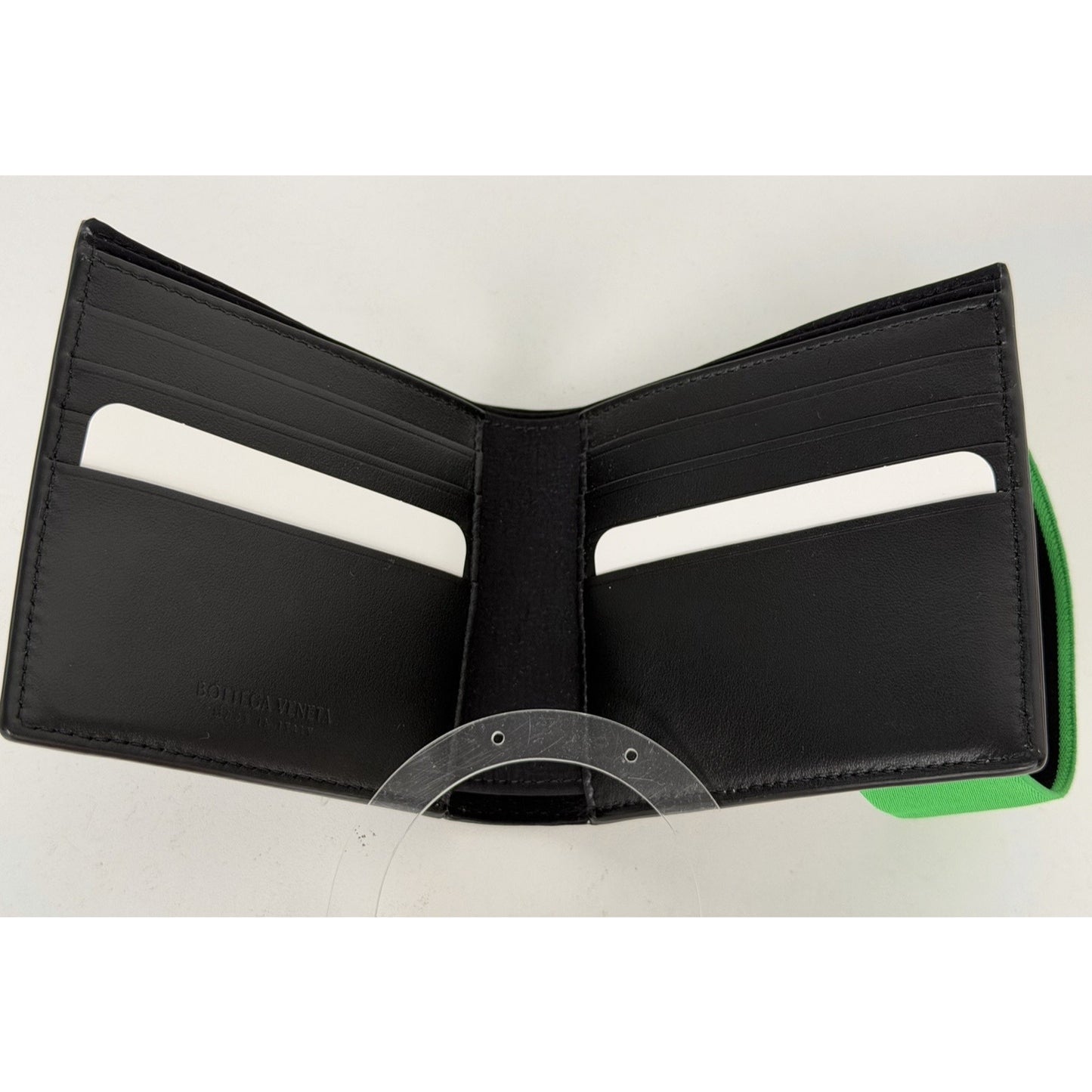 Bottega Veneta Bi-Fold Wallet in Black and Parakeet in Crinkle Patent Leather