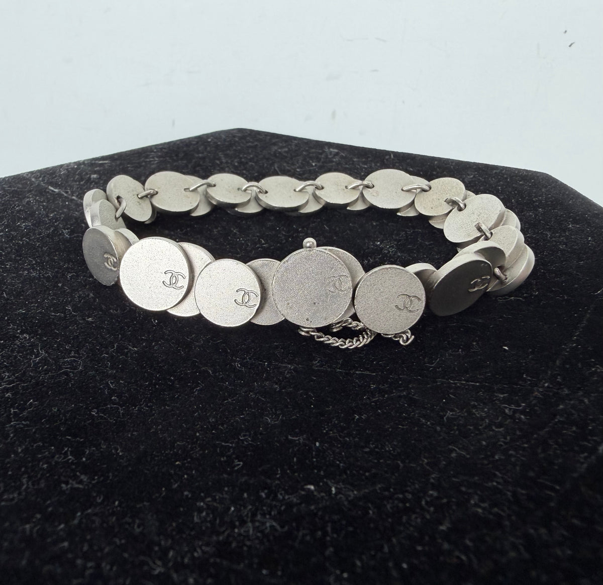 CHANEL Coco Mark Silver-Tone Coin Charm Bracelet Vintag 99C K1