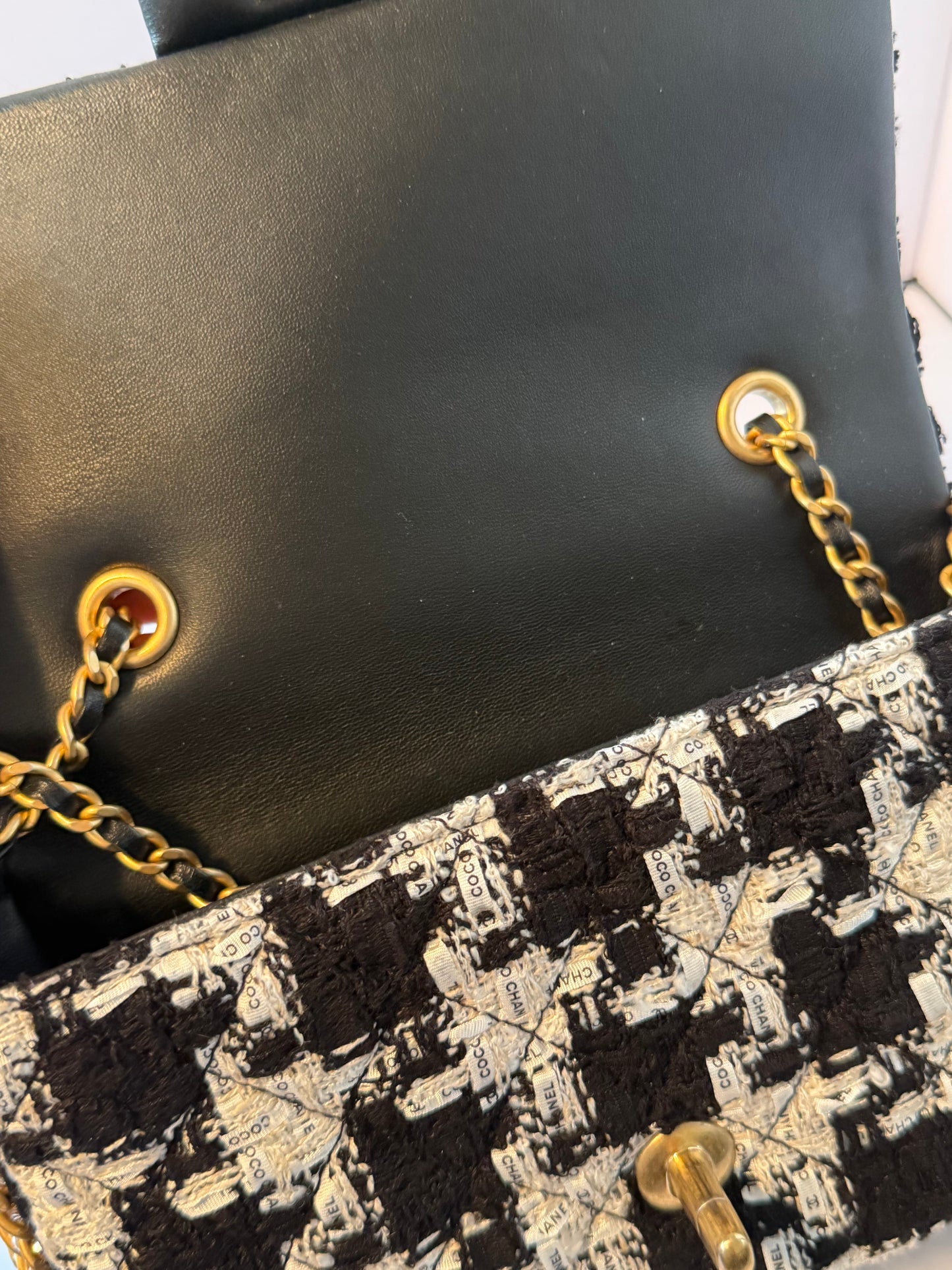 CHANEL Black/White Quilted Tweed River Of Pearls Mini Flap Bag