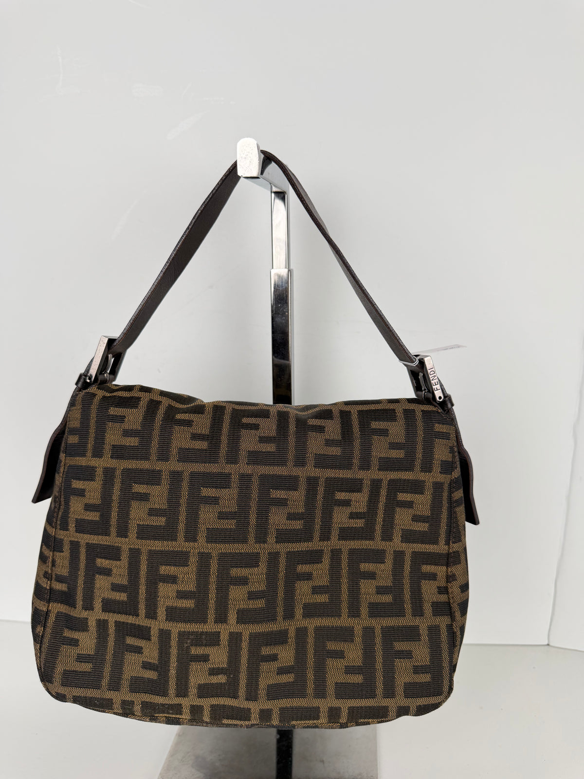 Fendi Zucca FF Double Flap Baguette Shoulder Bag in Brown Canvas