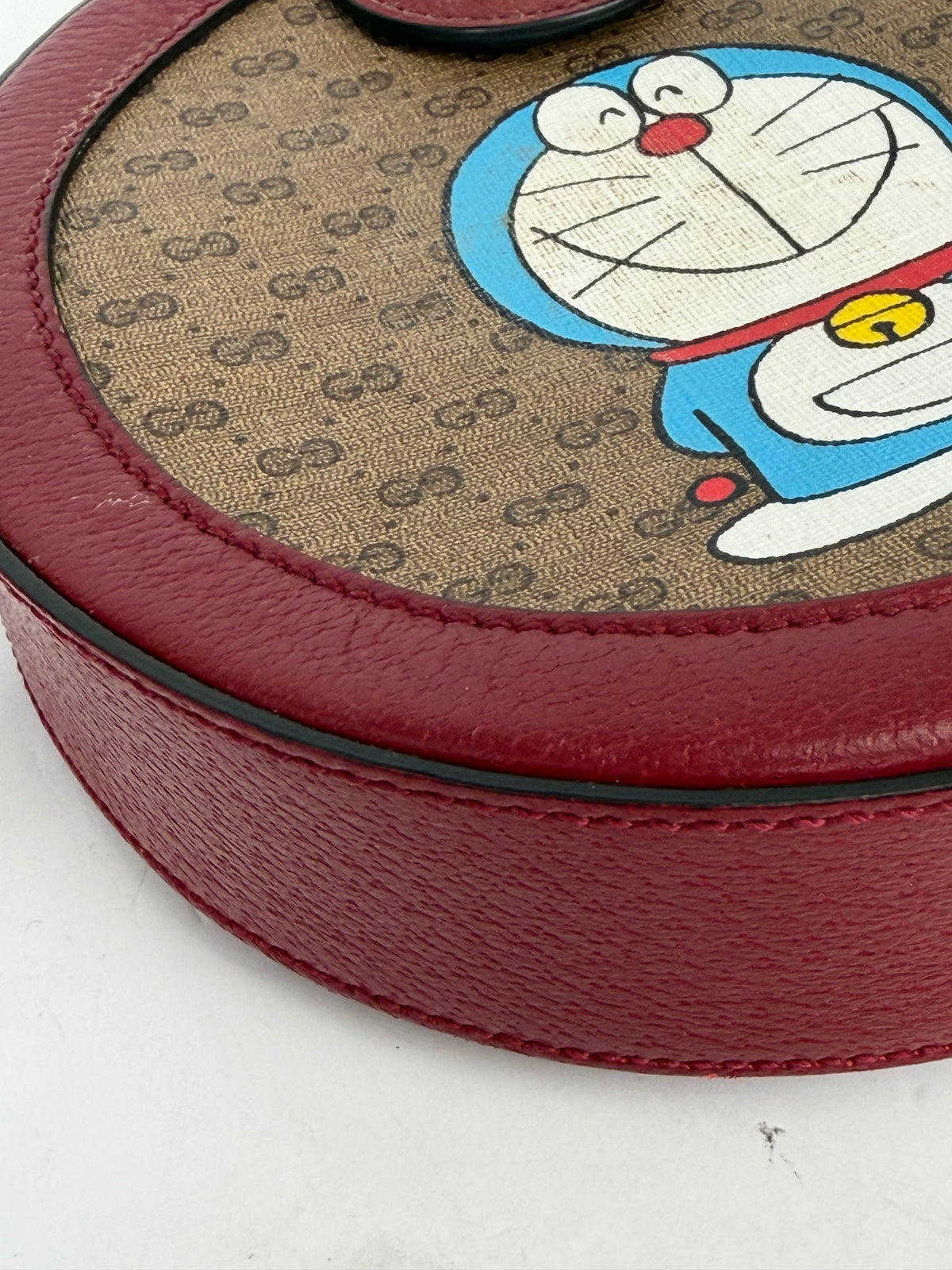 Gucci X Doraemon Mini Round Shoulder Bag in Brown Canvas & Red Leather YS23