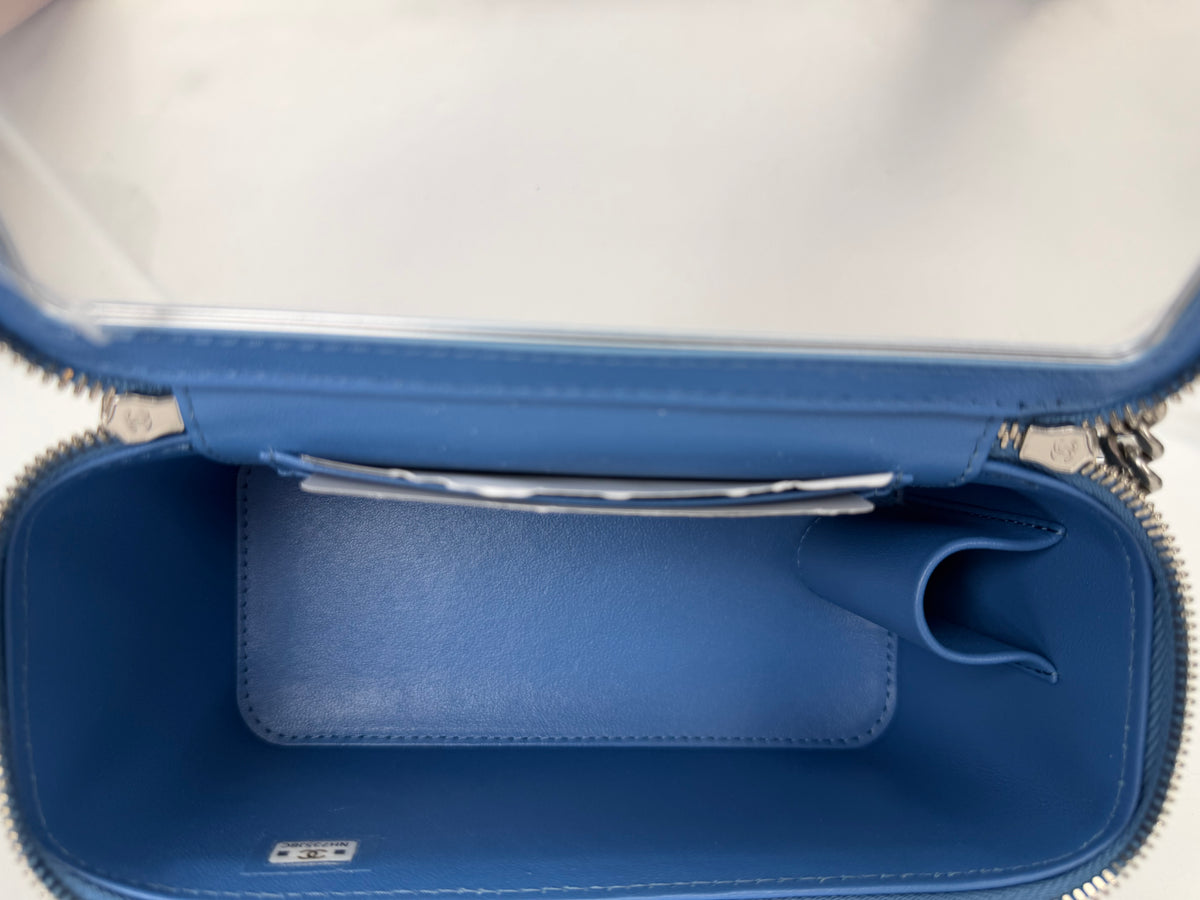 Chanel Denim Quilted Camellia Sweetheart Small Vanity Case in Blue Denim NFC YC3