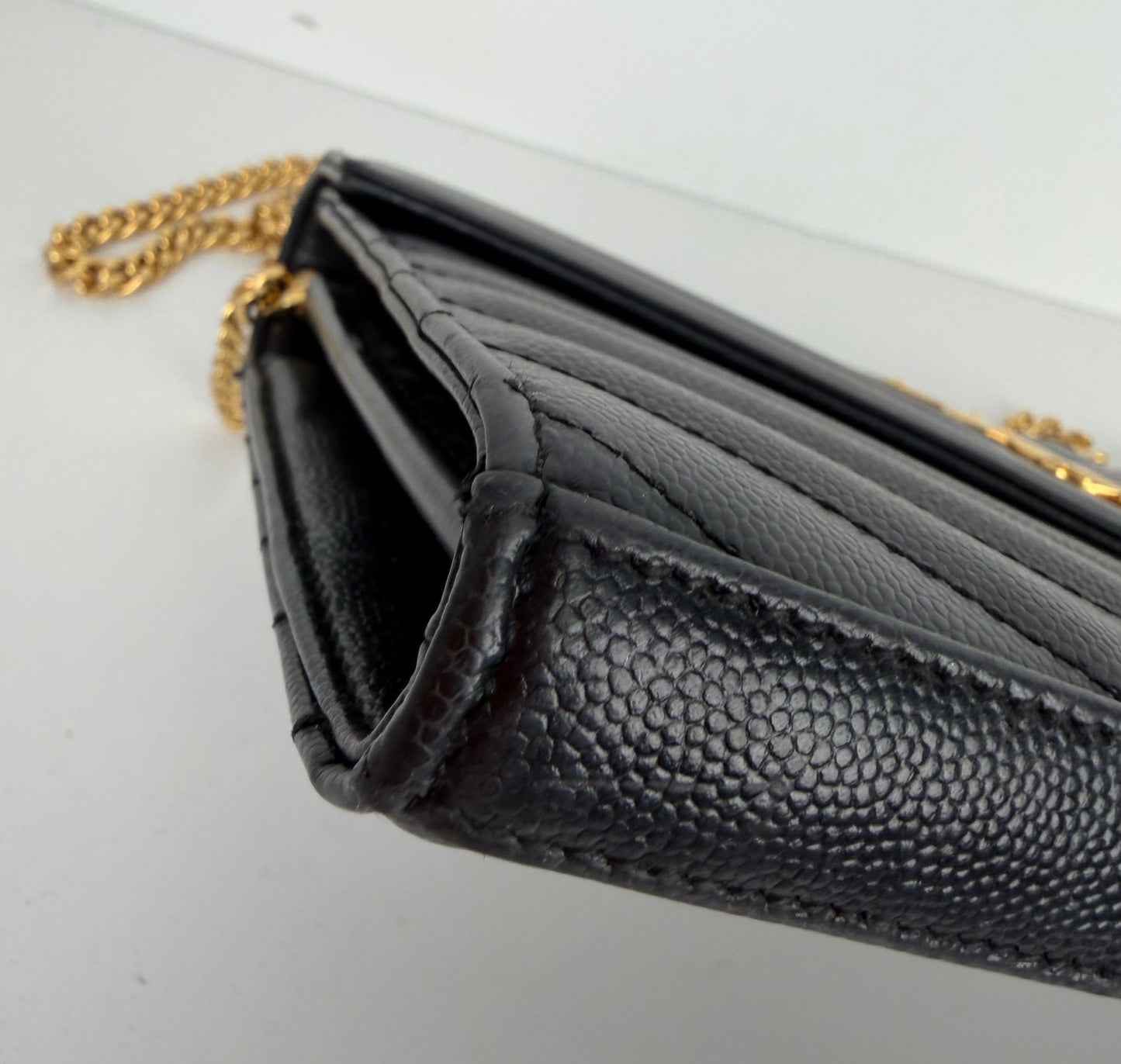 Saint Laurent Cassandre Wallet on Chain Bag in Black Grain De Poudre Leather YS-03