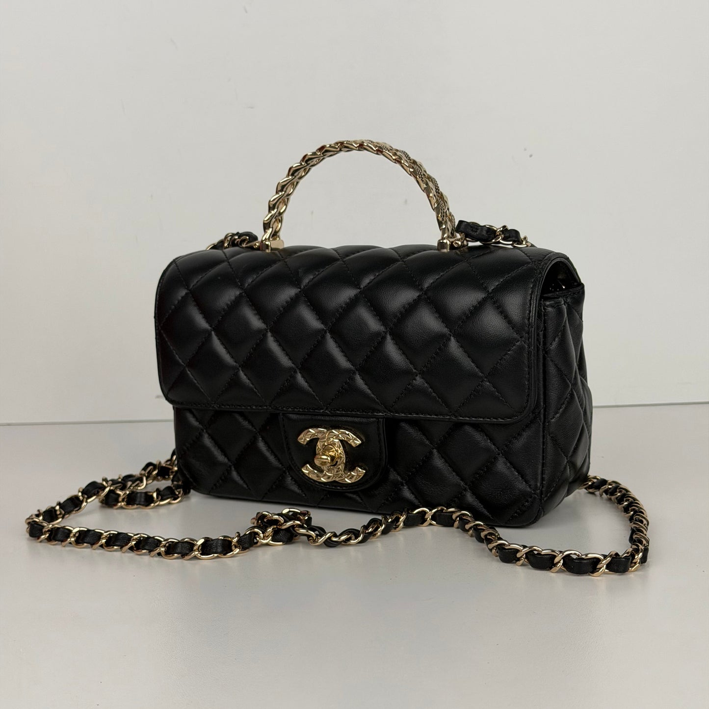 Chanel Mini Crystal Crossbody Top Handle Bag in Black Lambskin Quilted Leather NFC YC-1