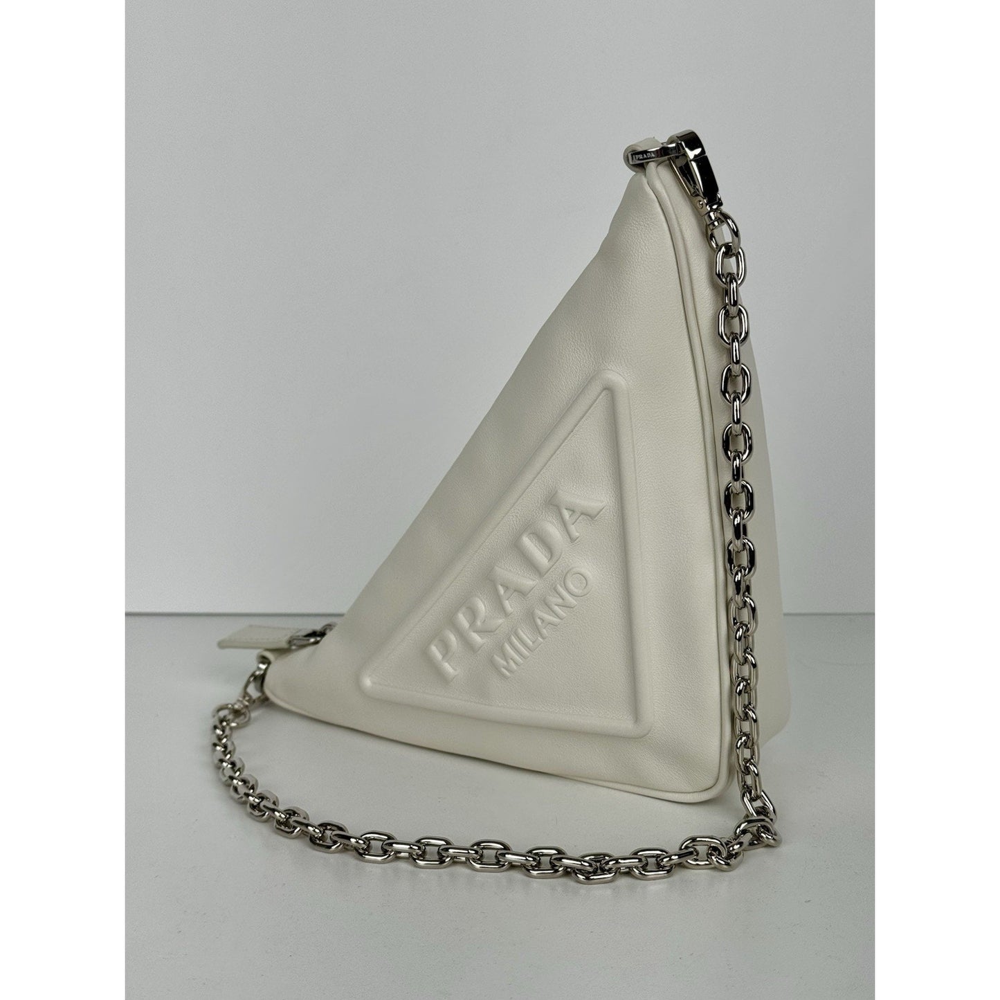 Prada Triangle Logo Shoulder Bag Ivory Leather Silver Hardware