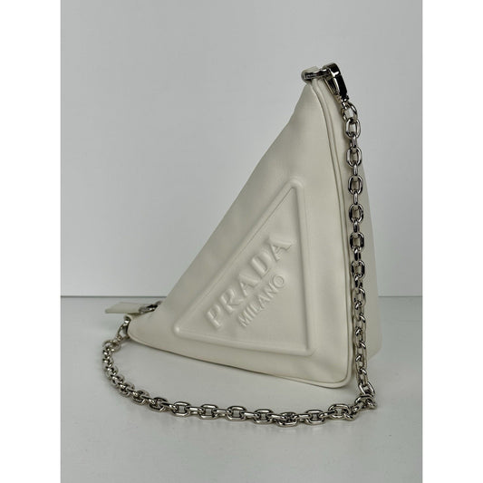 Prada Triangle Logo Shoulder Bag Ivory Leather Silver Hardware