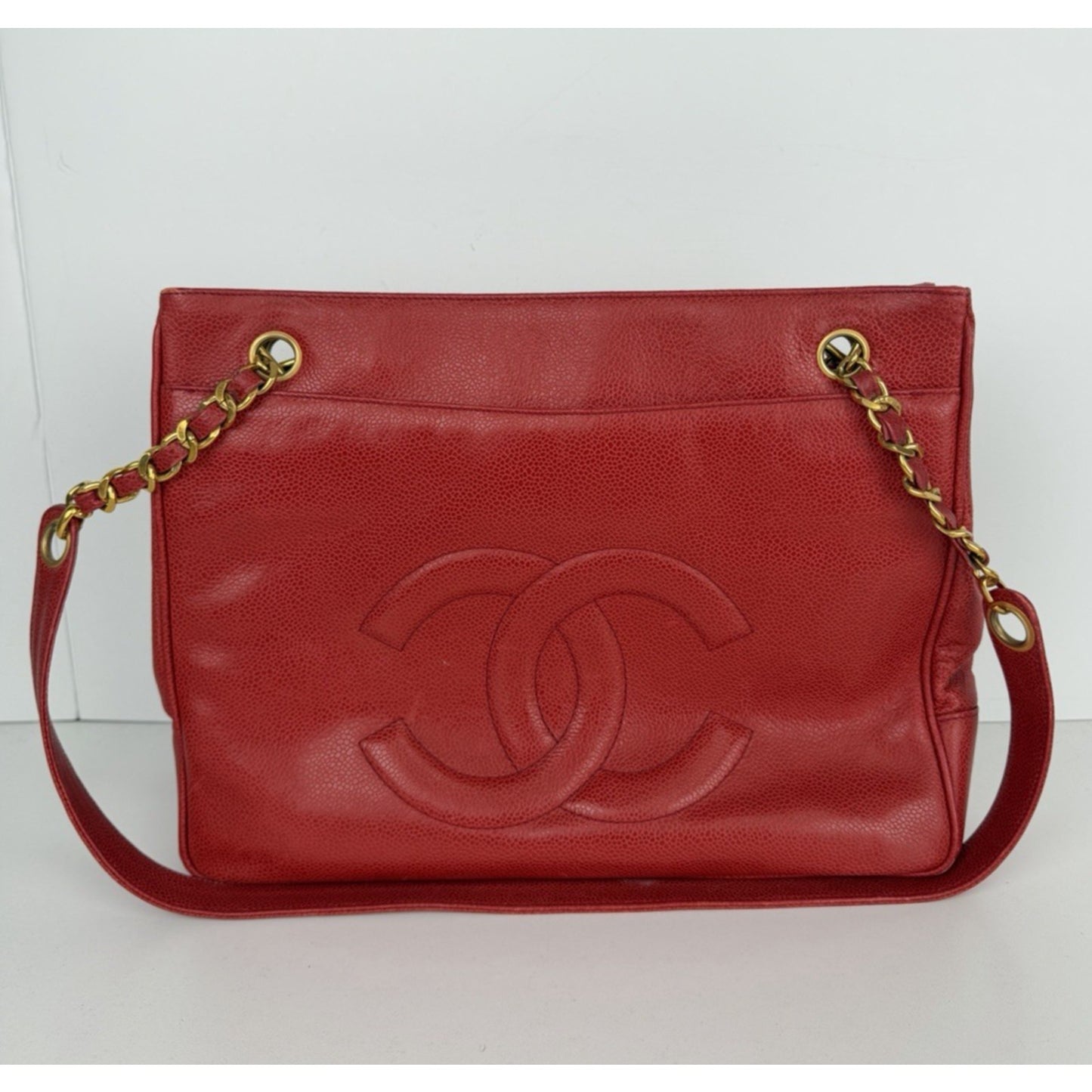Chanel Outside Flap CC Pocket Tote Bag Vintage Red Caviar Leather 1994–1996 F1