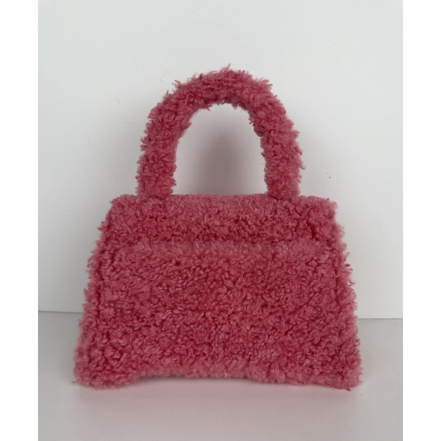 Balenciaga Hourglass Top Handle Bag Small in Pink Fuzzy Faux Fur S-01