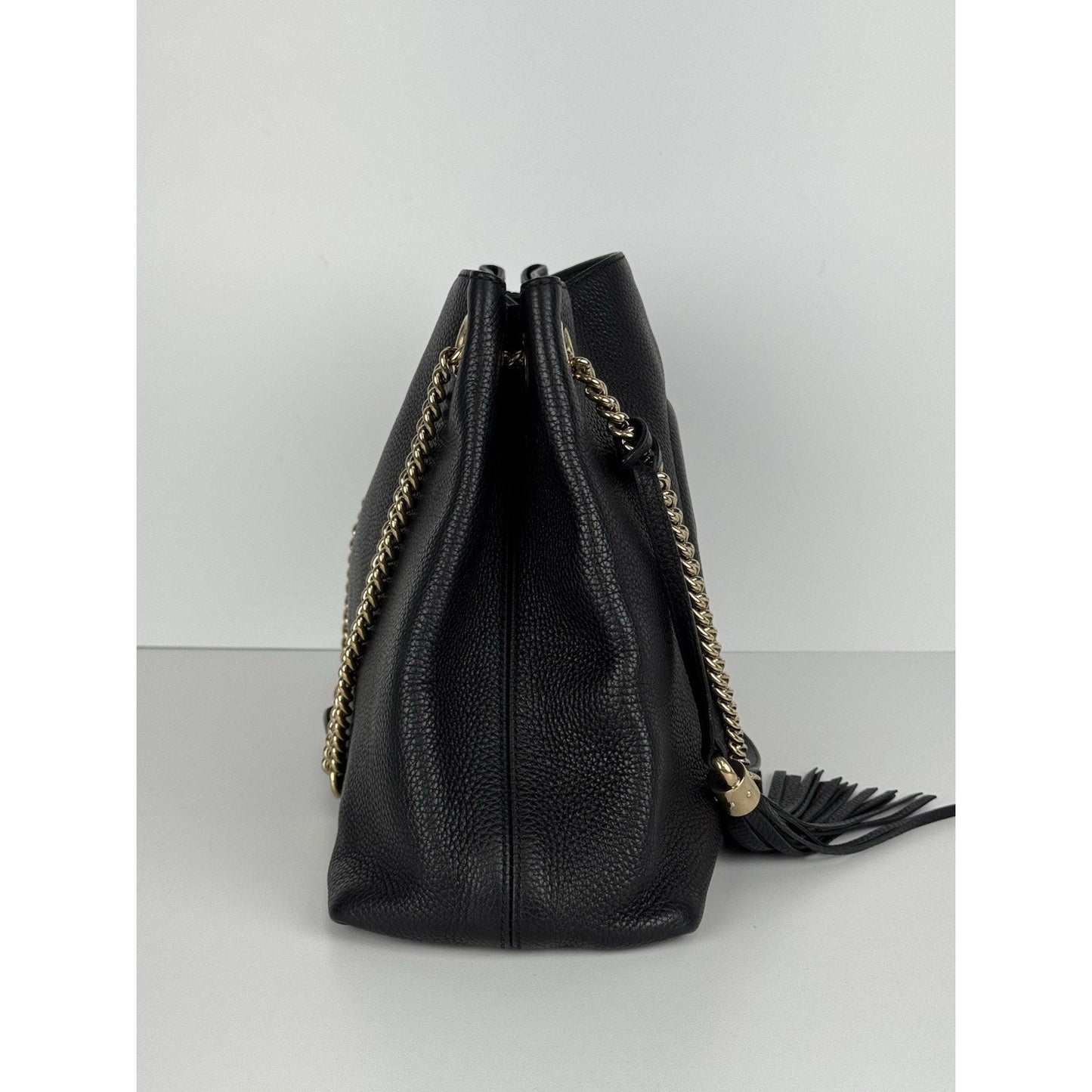 Gucci Soho Black Pebbled Leather Chain Tote Bag C-7