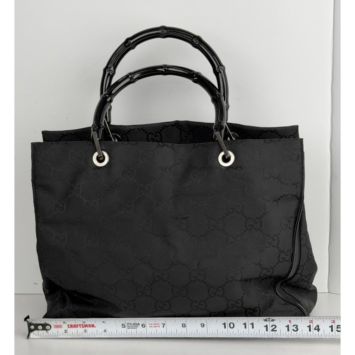 Gucci GG Bamboo Tote Bag Medium Vintage Shopper Sleek Black Monogram Nylon S15