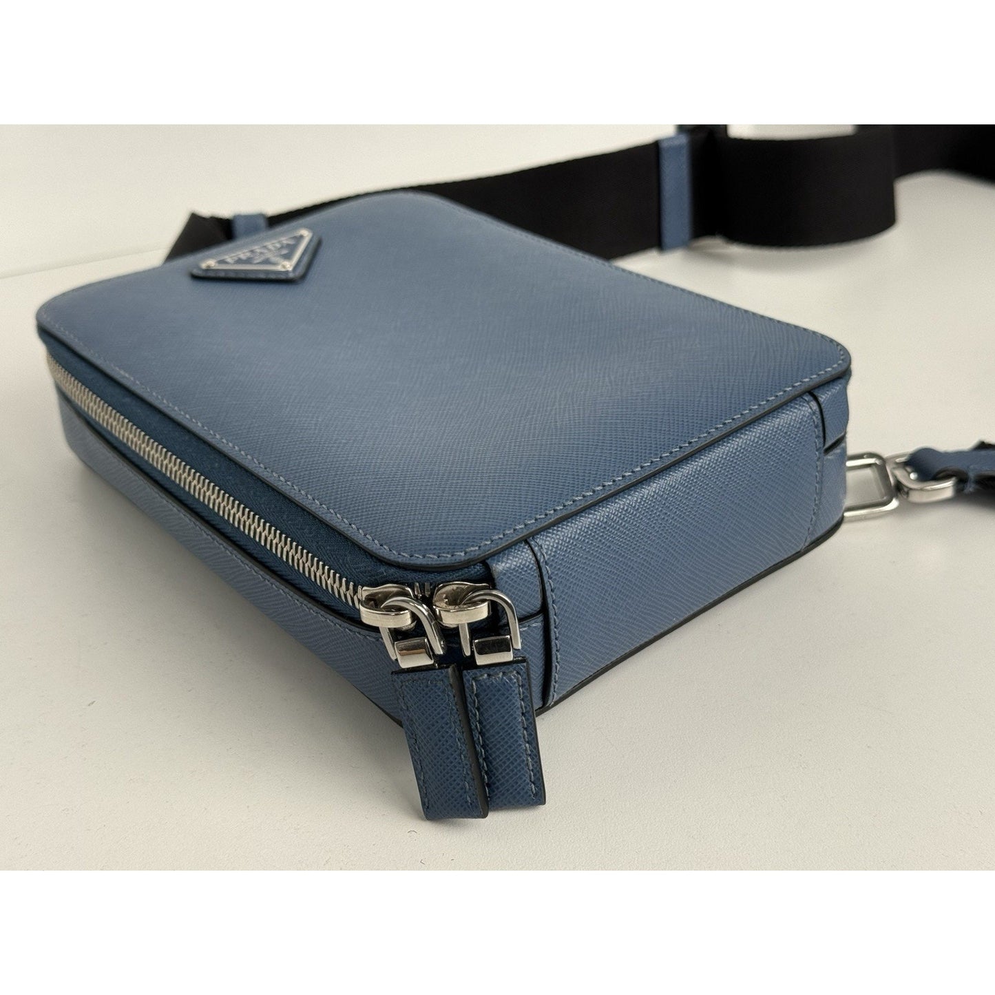 Prada Saffiano Leather Brique Crossbody Messenger Bag Bluette