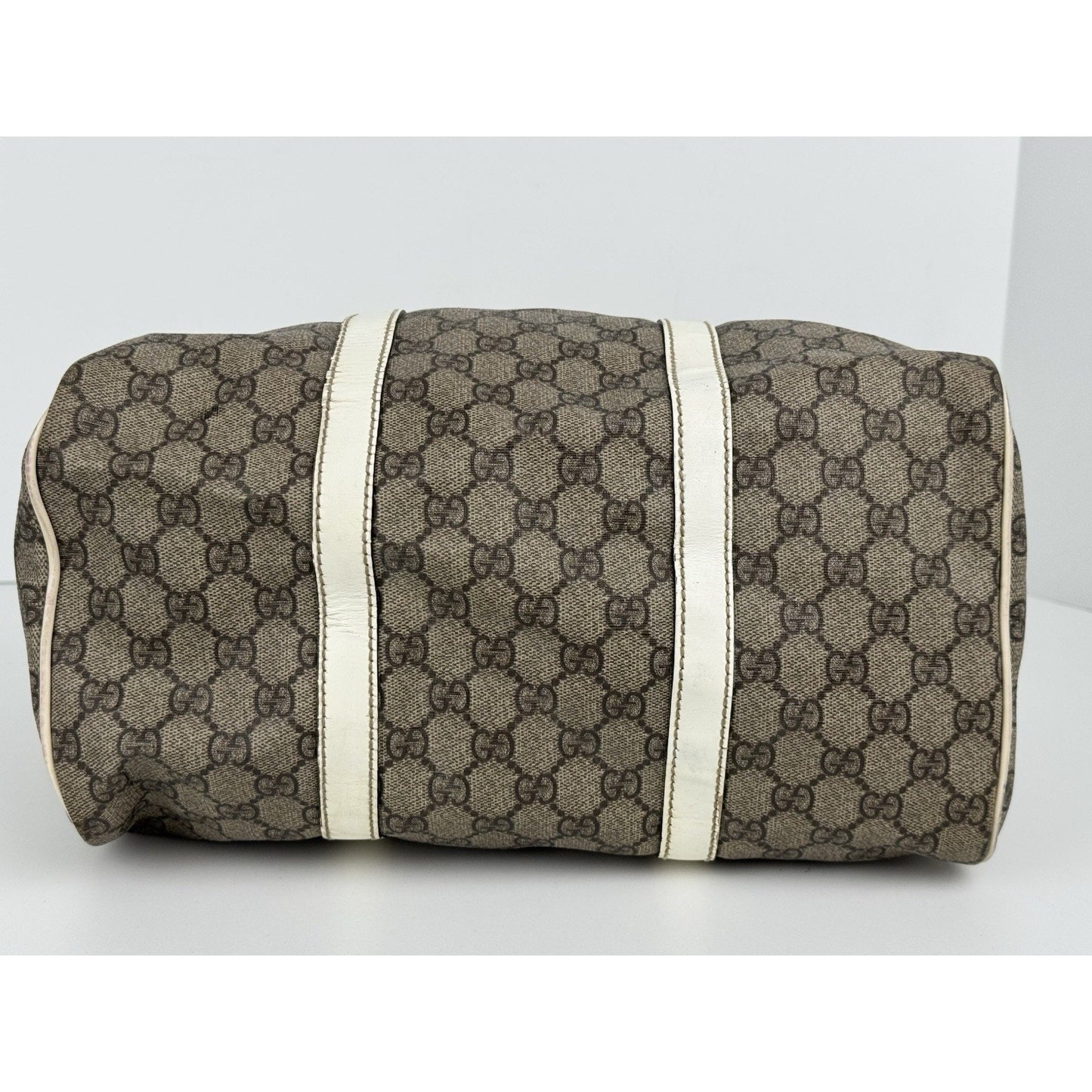 Gucci GG Supreme Medium Joy Boston Bag Brown Canvas White Leather Trim