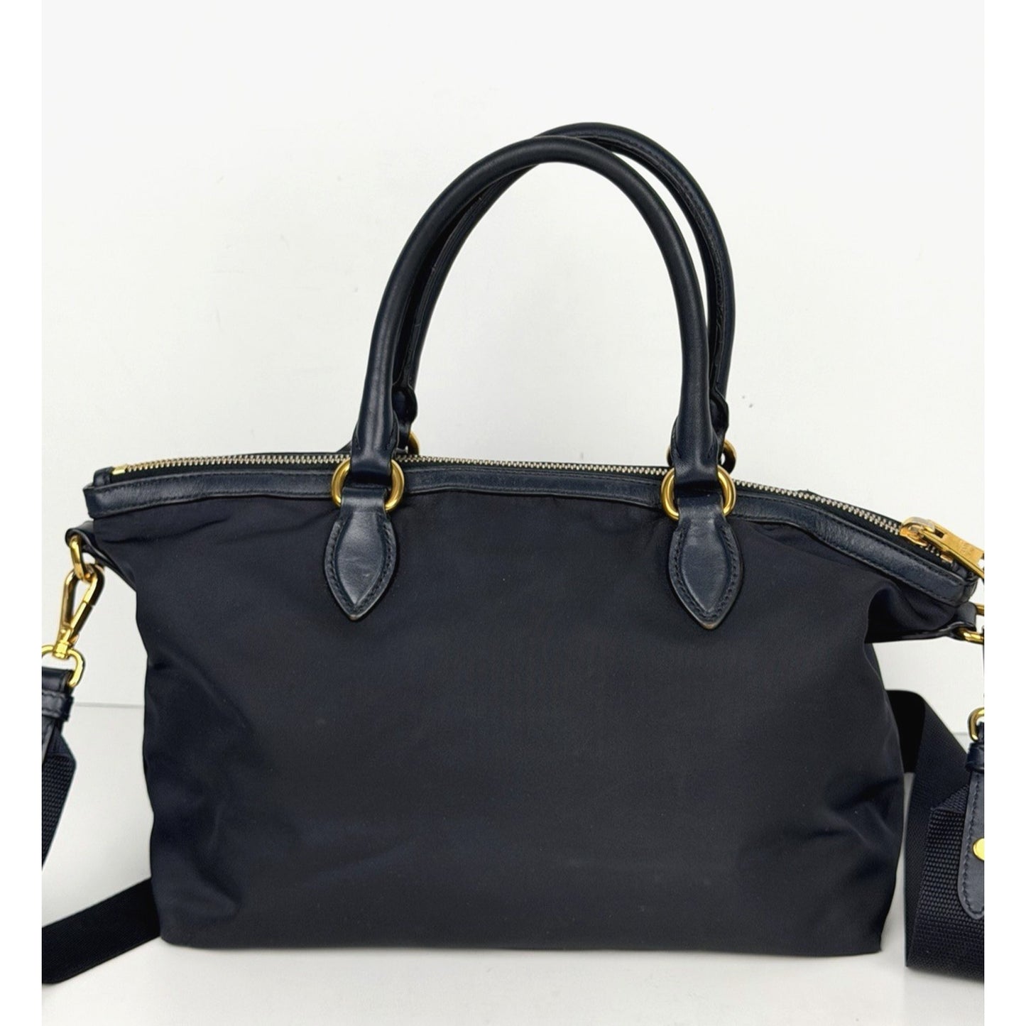Prada Two-Way Satchel Handbag in Blue Tessuto Nylon Saffiano Leather S03